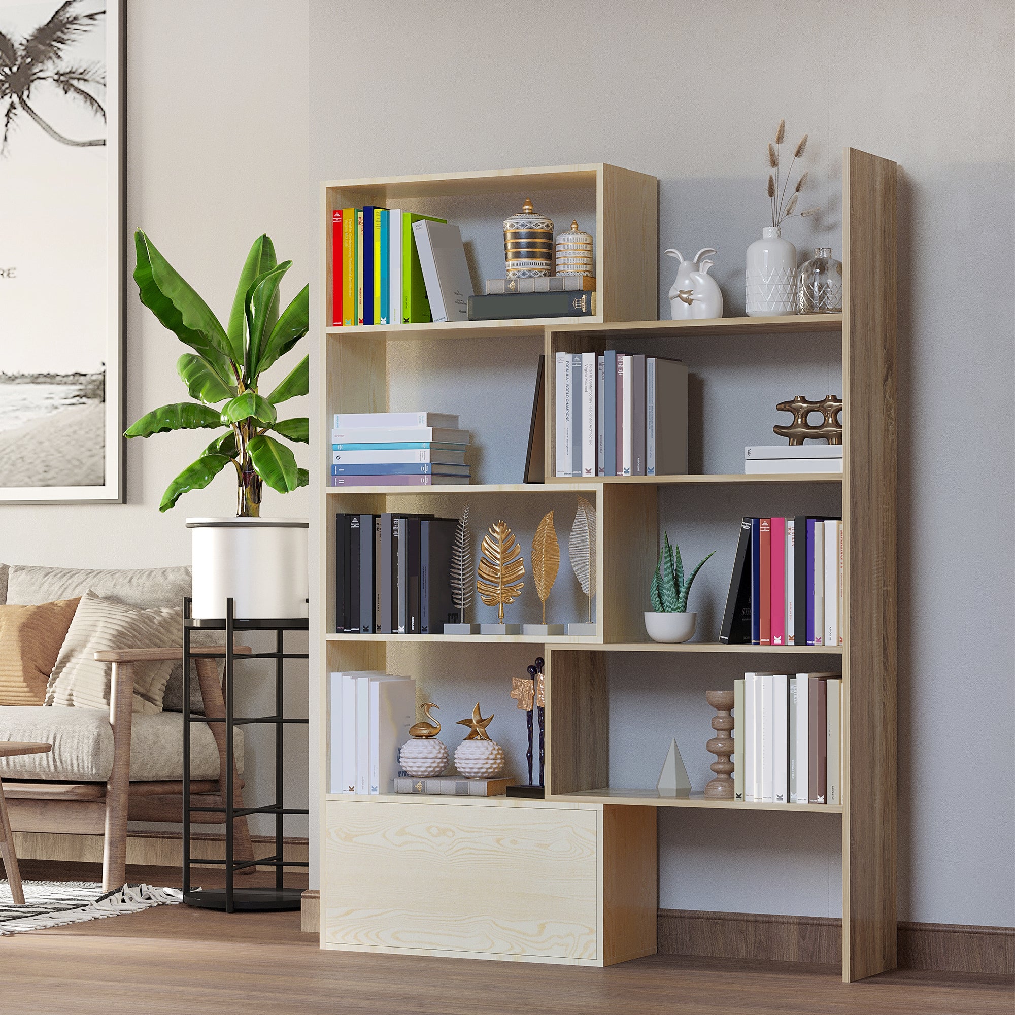 HOMCOM Corner Bookcase, Rotating Storage Display Shelf, Multifunction Tall Bookshelf, Space Saving Room Divider for Home Office, White Oak