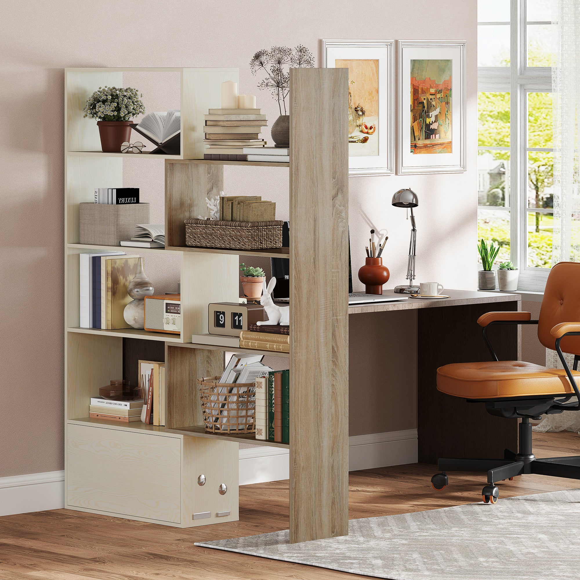 HOMCOM Corner Bookcase, Rotating Storage Display Shelf, Multifunction Tall Bookshelf, Space Saving Room Divider for Home Office, White Oak