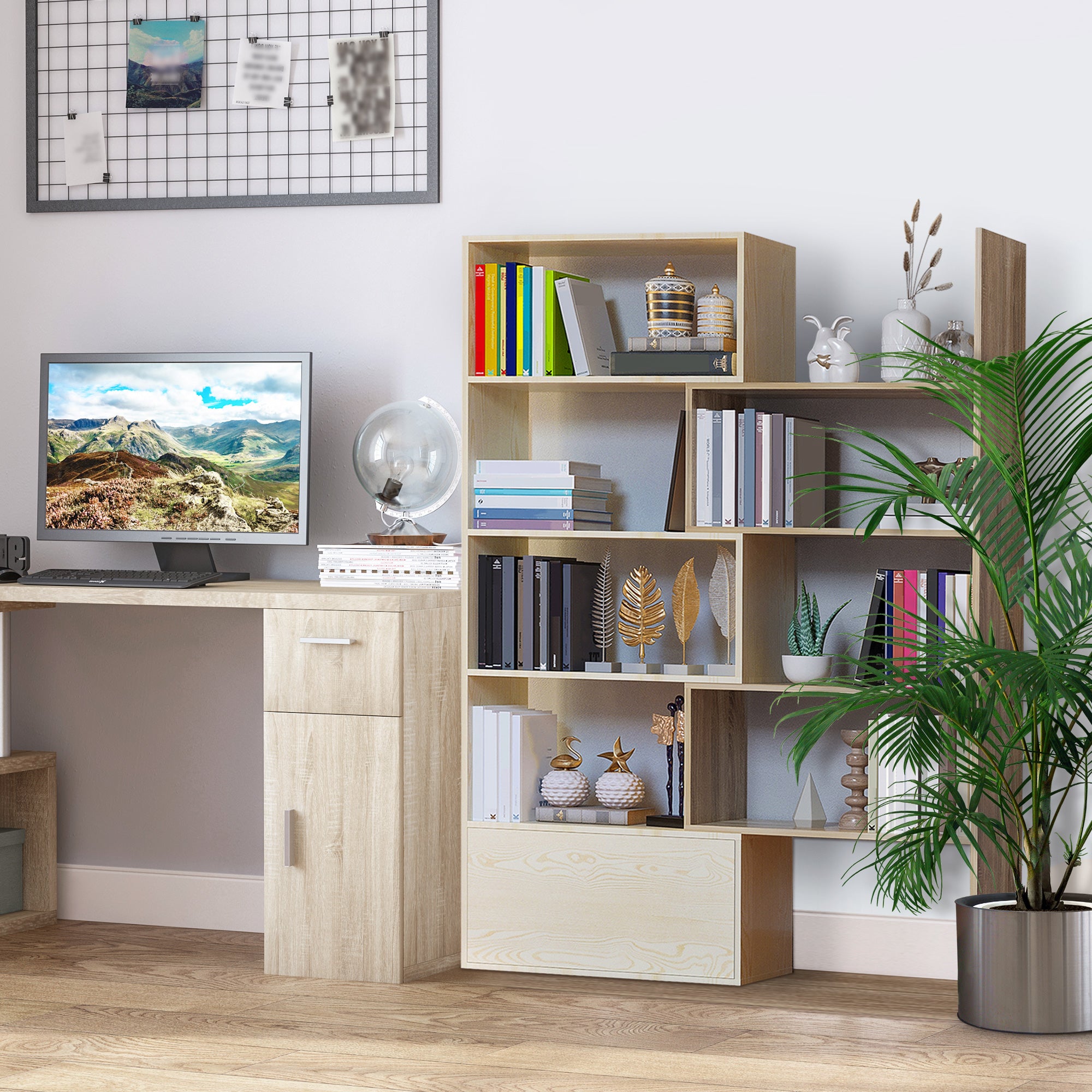 HOMCOM Corner Bookcase, Rotating Storage Display Shelf, Multifunction Tall Bookshelf, Space Saving Room Divider for Home Office, White Oak