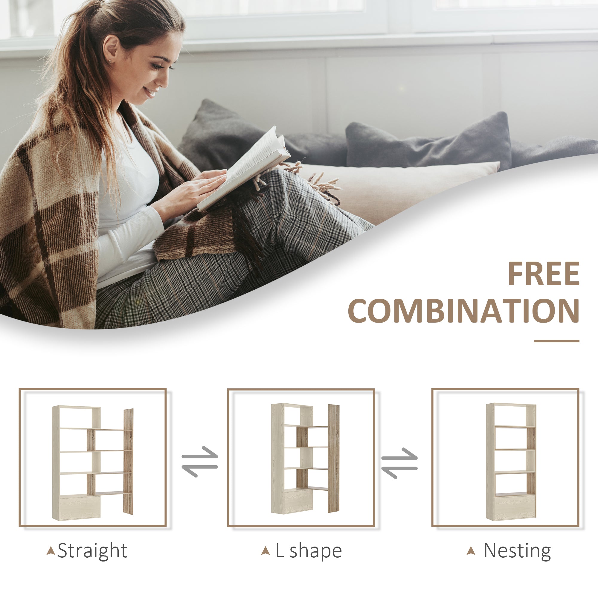 HOMCOM Corner Bookcase, Rotating Storage Display Shelf, Multifunction Tall Bookshelf, Space Saving Room Divider for Home Office, White Oak