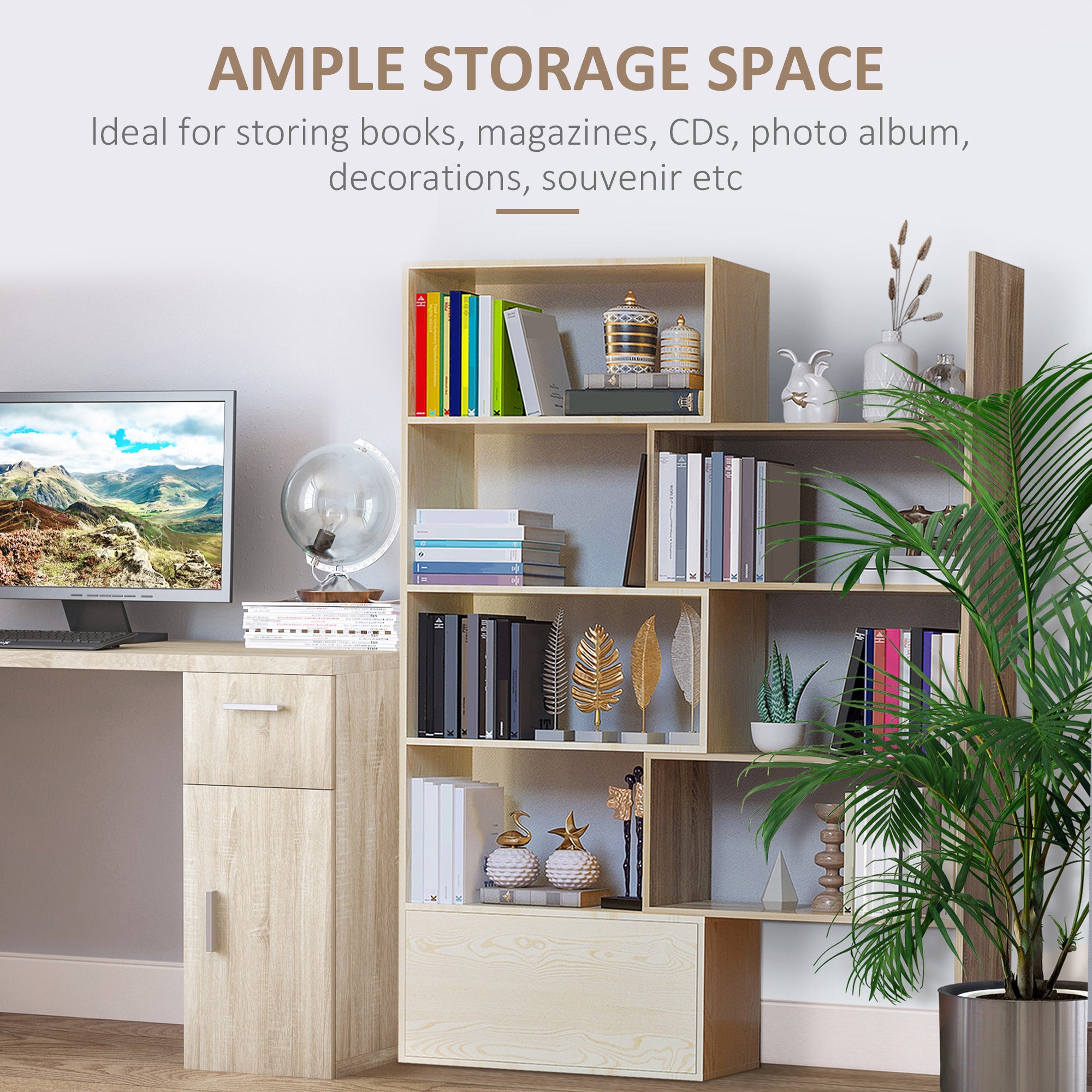 HOMCOM Corner Bookcase, Rotating Storage Display Shelf, Multifunction Tall Bookshelf, Space Saving Room Divider for Home Office, White Oak