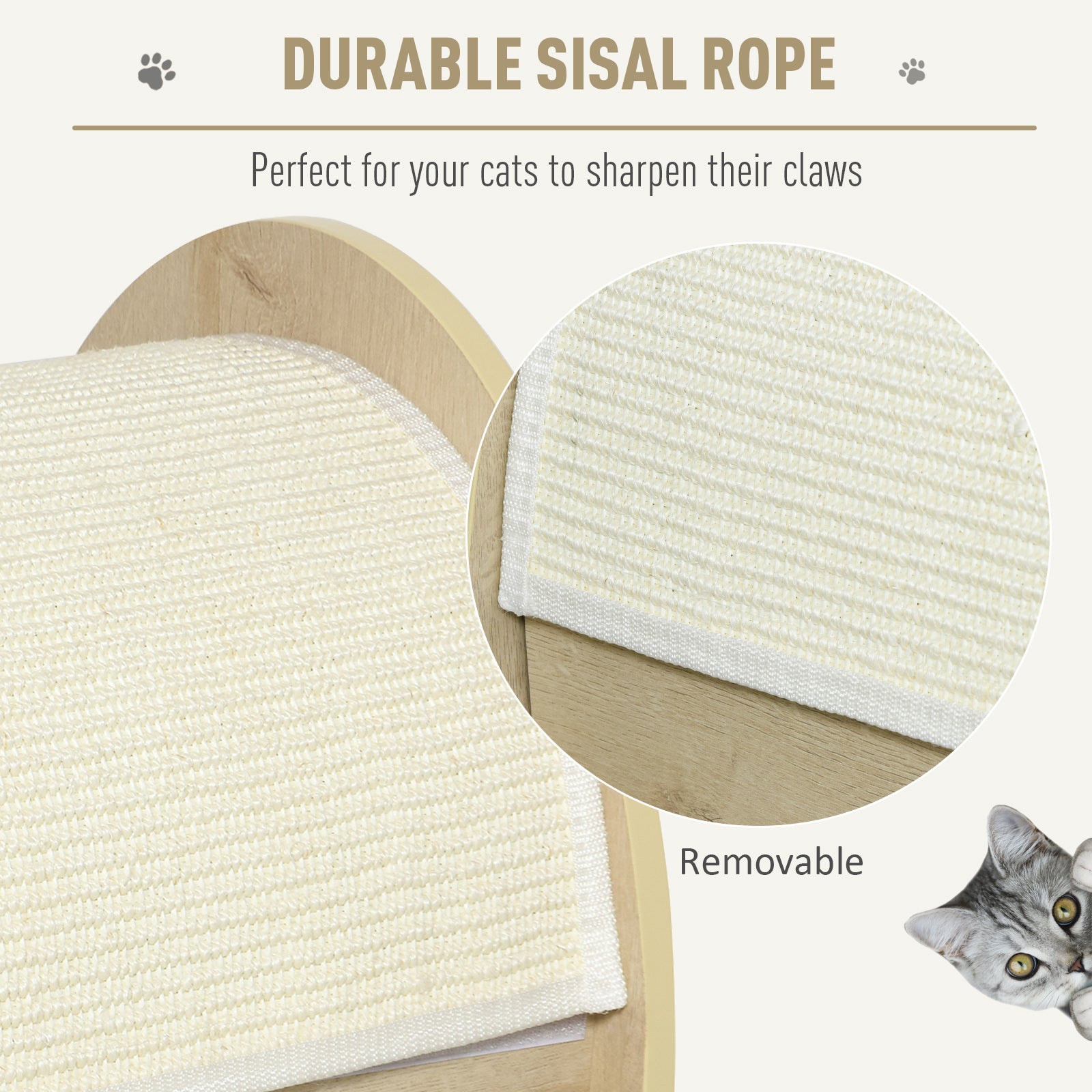 PawHut Wooden Cat House Hideout Kitten Bed Pet Furniture with Removable Plush Cushion Sisal Scratching Pad Beige