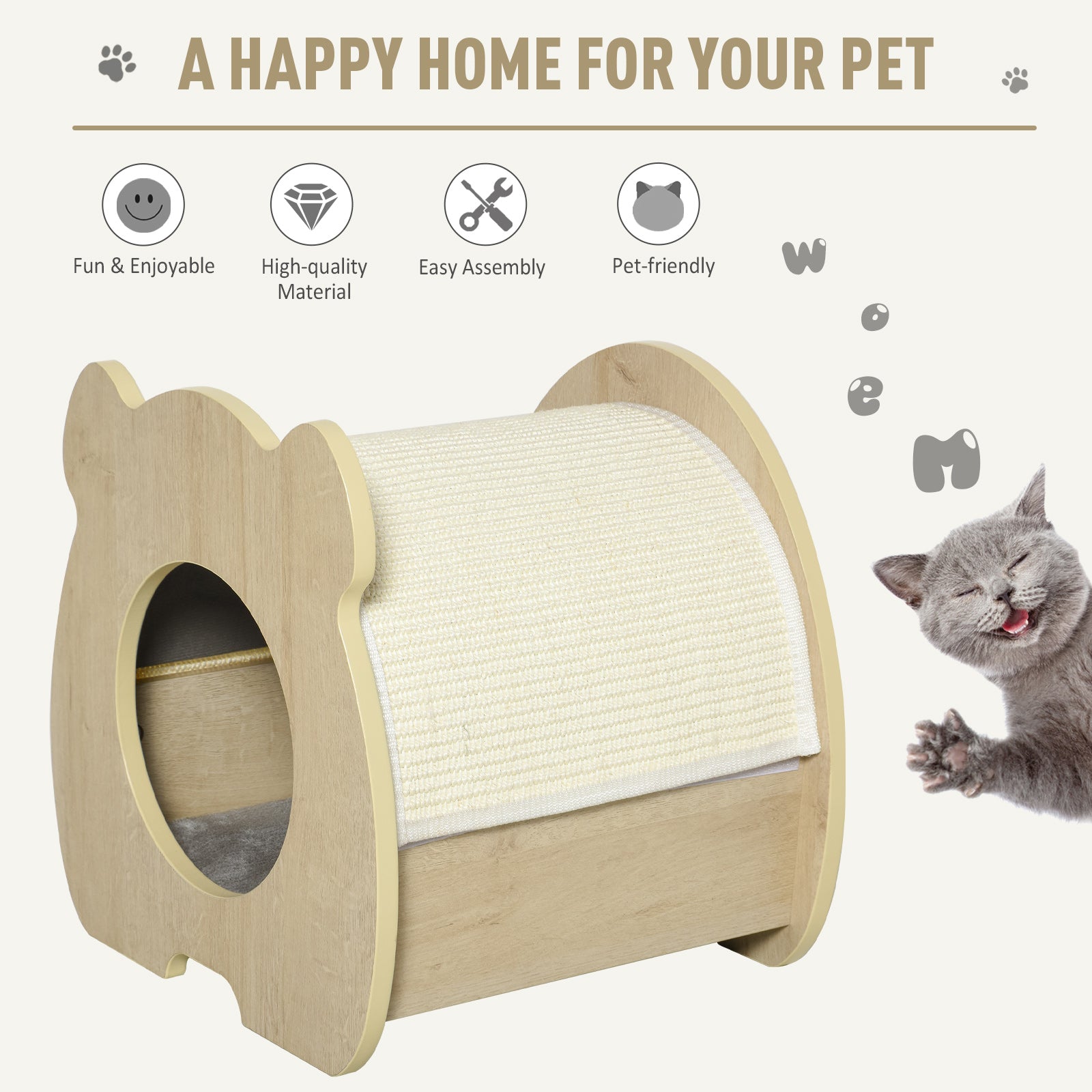 PawHut Wooden Cat House Hideout Kitten Bed Pet Furniture with Removable Plush Cushion Sisal Scratching Pad Beige