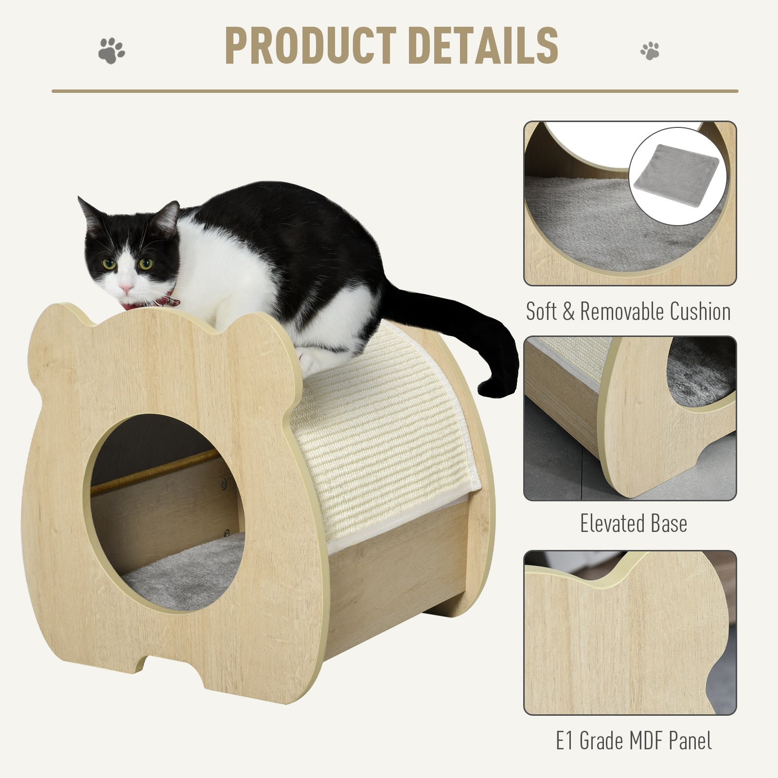 PawHut Wooden Cat House Hideout Kitten Bed Pet Furniture with Removable Plush Cushion Sisal Scratching Pad Beige