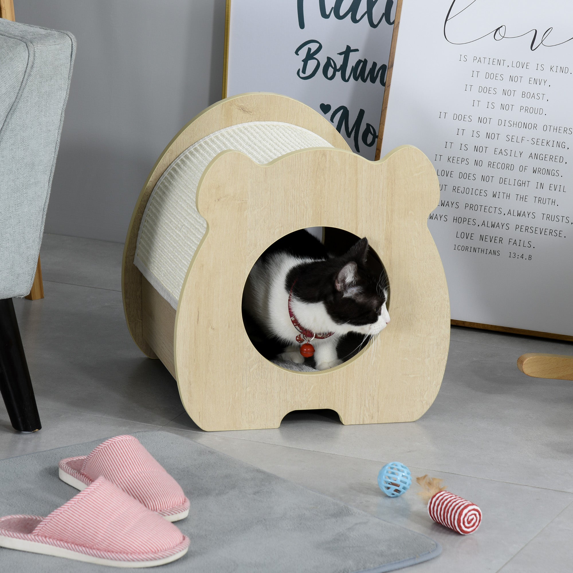 PawHut Wooden Cat House Hideout Kitten Bed Pet Furniture with Removable Plush Cushion Sisal Scratching Pad Beige