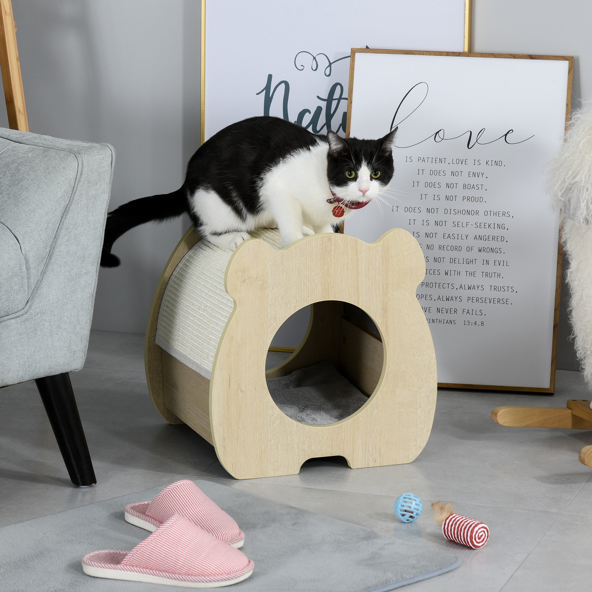 PawHut Wooden Cat House Hideout Kitten Bed Pet Furniture with Removable Plush Cushion Sisal Scratching Pad Beige