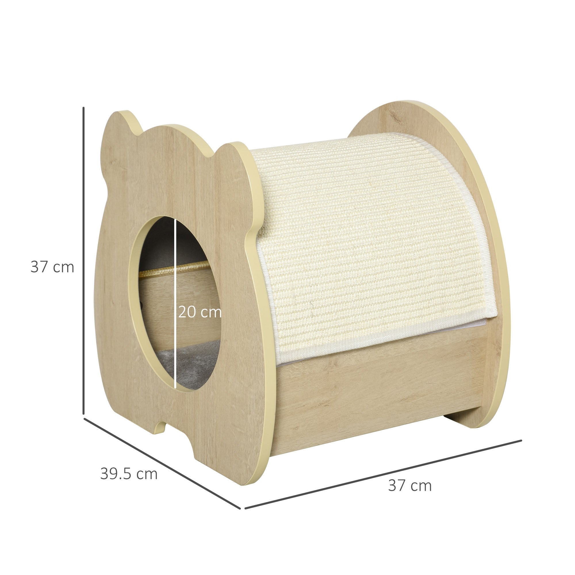 PawHut Wooden Cat House Hideout Kitten Bed Pet Furniture with Removable Plush Cushion Sisal Scratching Pad Beige