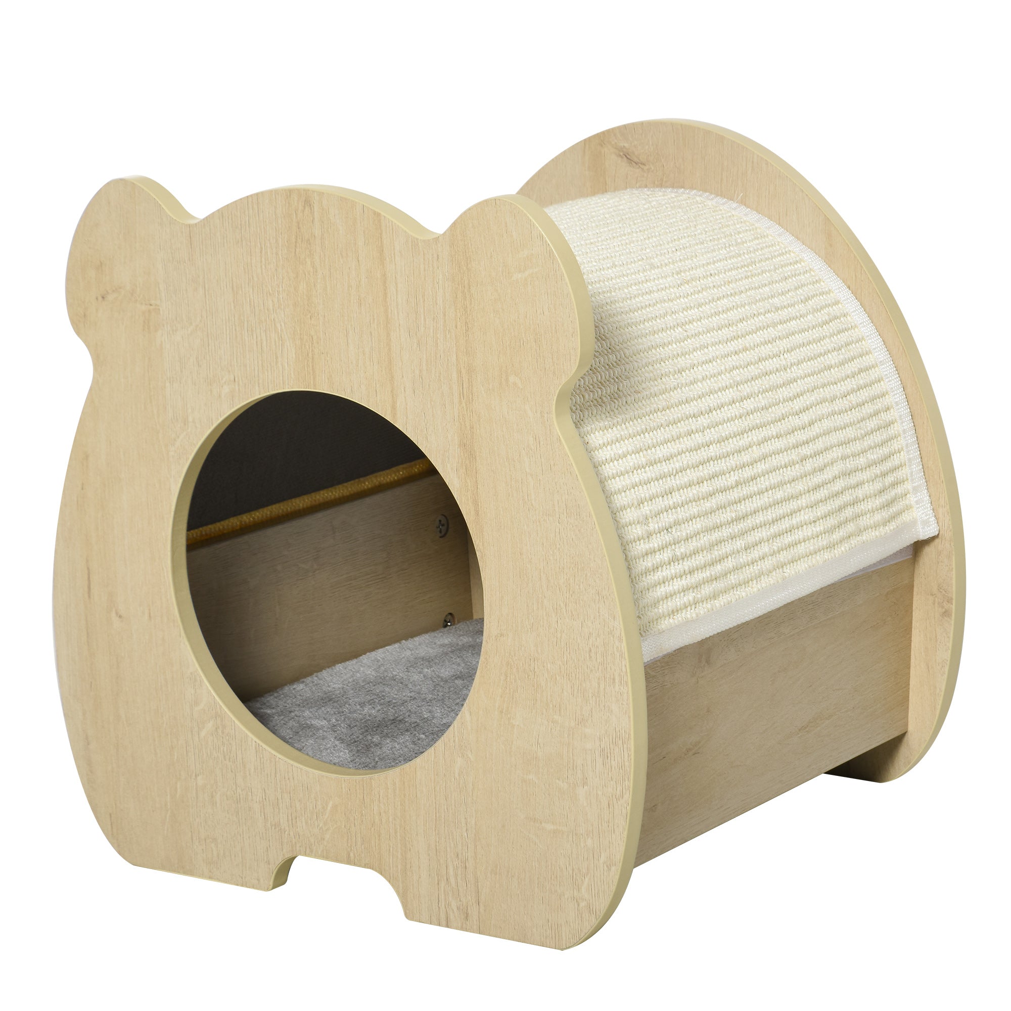 PawHut Wooden Cat House Hideout Kitten Bed Pet Furniture with Removable Plush Cushion Sisal Scratching Pad Beige