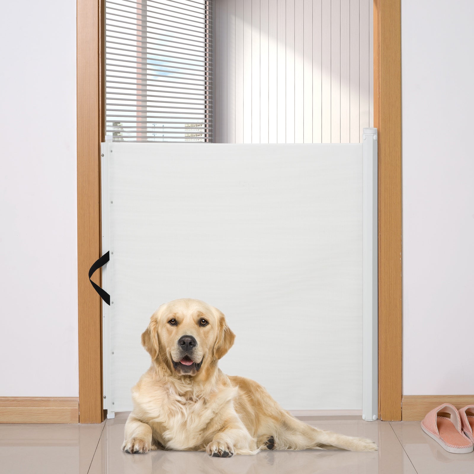 PawHut Retractable Safety Gate Dog Pet Barrier Folding Protector Home Doorway Room Divider Stair Guard White 115Lx82.5Hcm