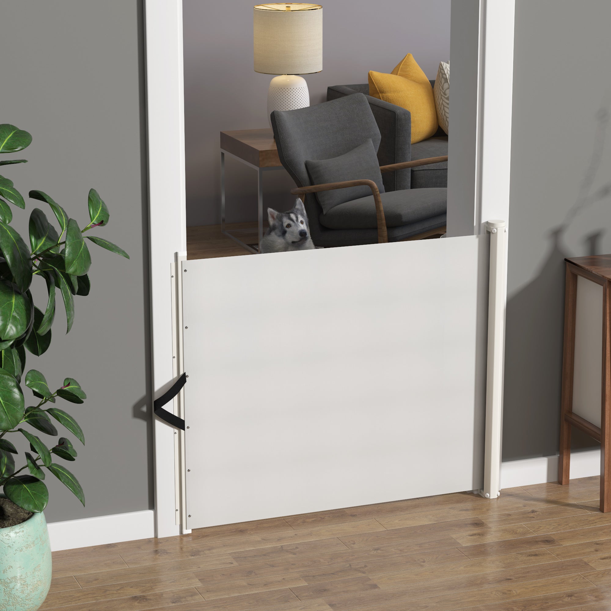 Pawhut Retractable Mesh Pet Safety Barrier Gate, Flexible and Extensible Safety Dog Gate Easy to Roll and Latch for Stairways Doorways Hallways, 45'' x 32", White