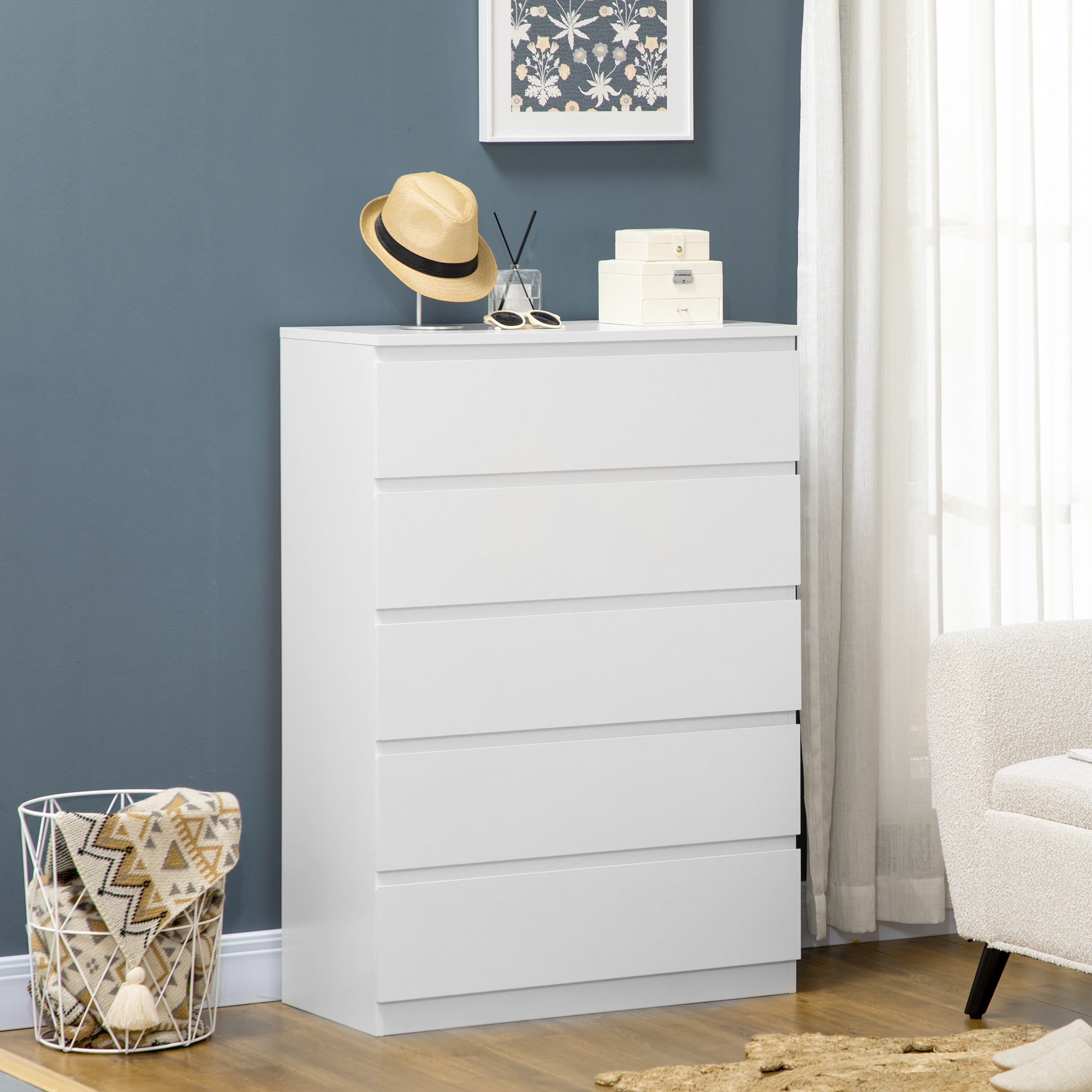 HOMCOM Chest of Drawers, Modern 5 Drawer Chest with Zinc Alloy Runners for Living Room, Bedroom, White