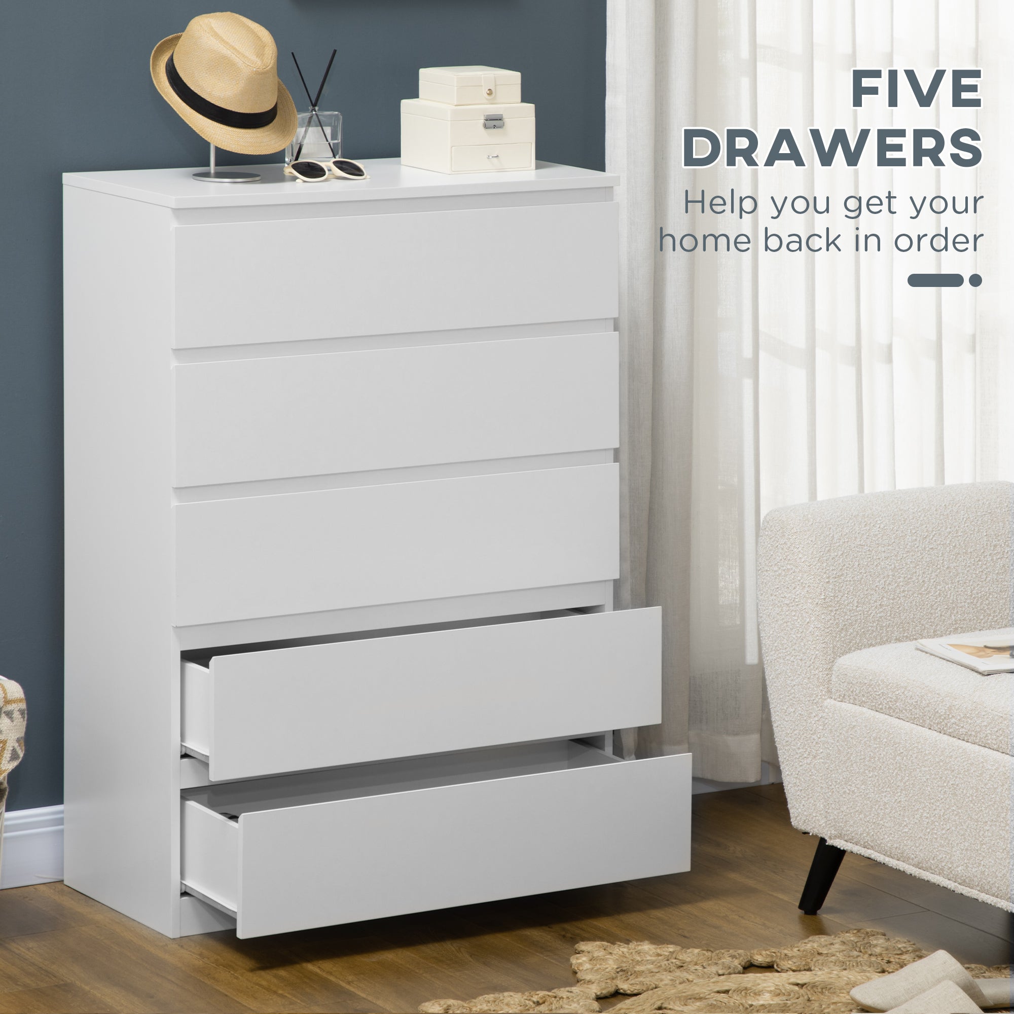 HOMCOM Chest of Drawers, Modern 5 Drawer Chest with Zinc Alloy Runners for Living Room, Bedroom, White