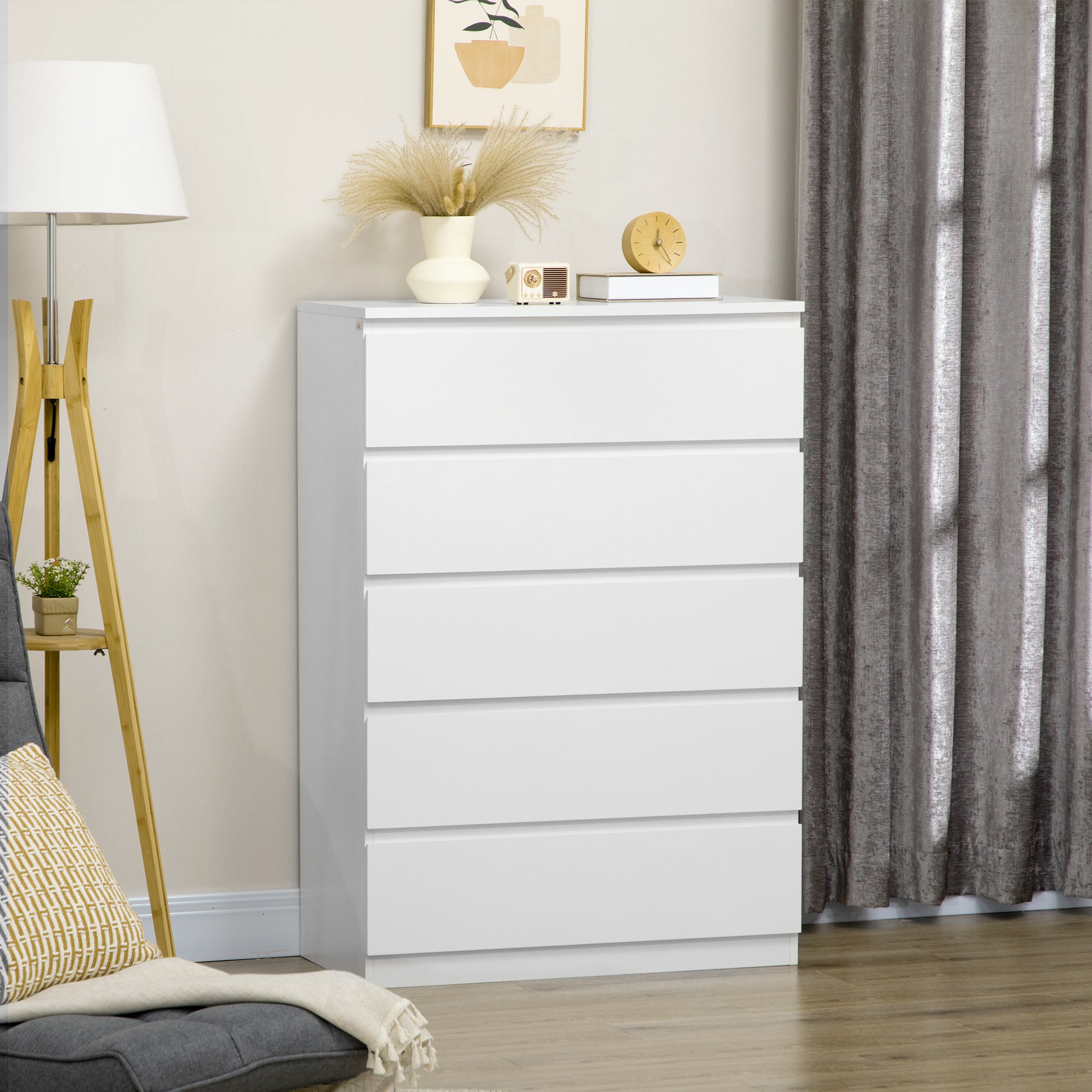 HOMCOM Chest of Drawers, Modern 5 Drawer Chest with Zinc Alloy Runners for Living Room, Bedroom, White
