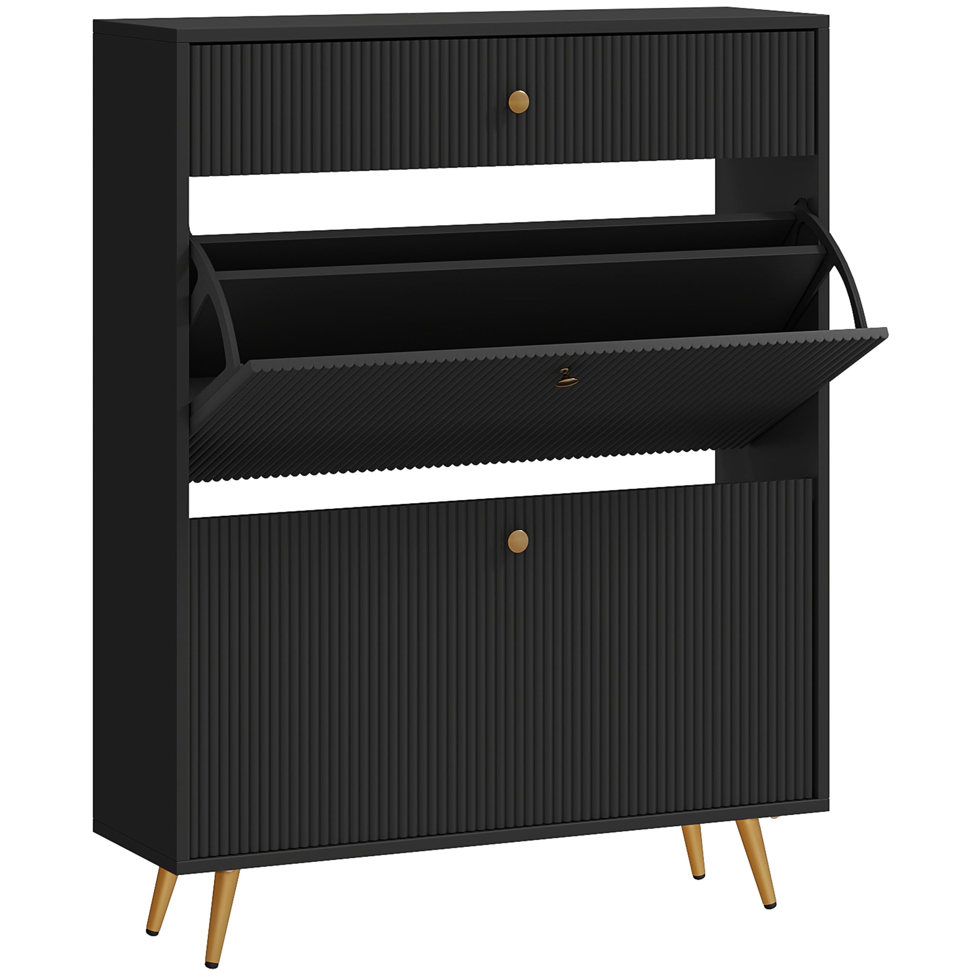 HOMCOM Narrow Shoe Cabinet for Entryway, Modern Shoe Storage Cabinet with Wave-like Panels, 2 Flip Drawers and Adjustable Shelves for 12 Pairs of Shoes, Black