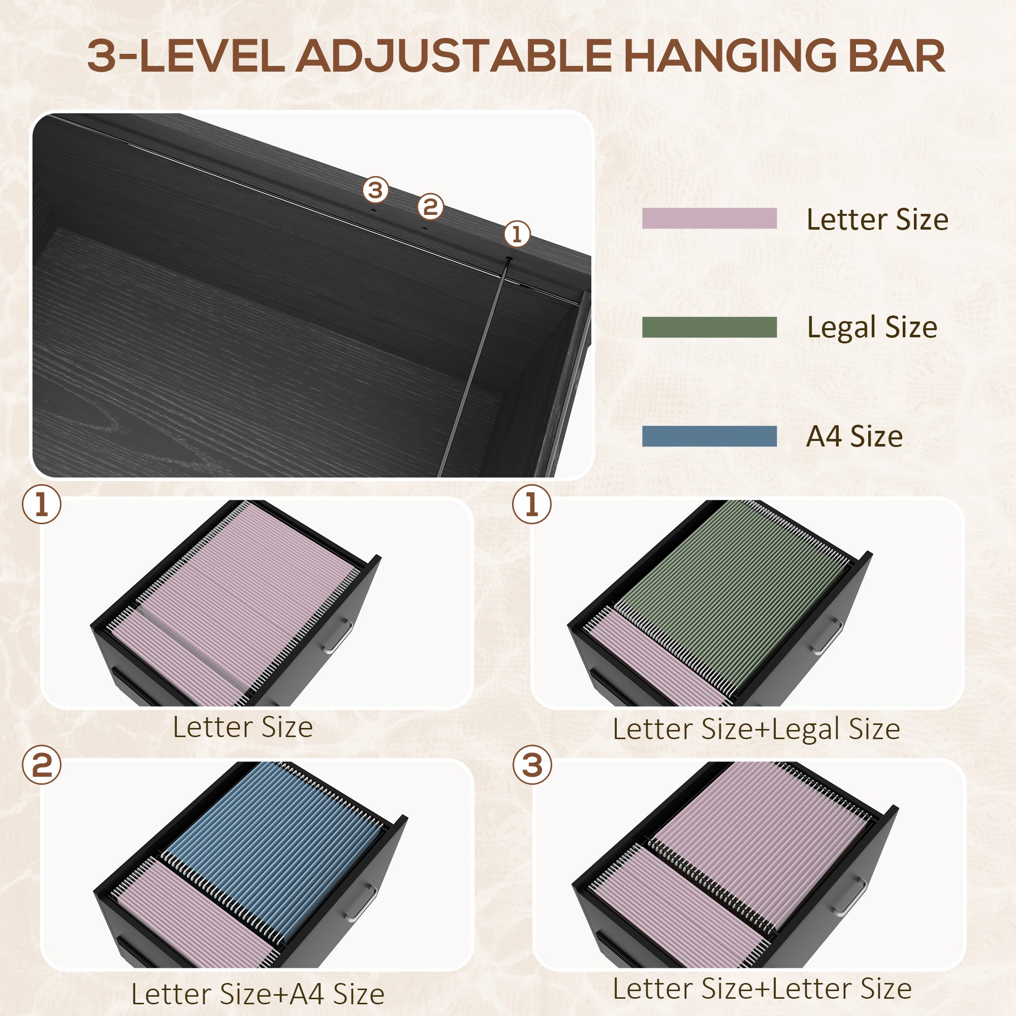 Vinsetto Vertical Filing Cabinet with Keys, Lockable File Cabinet with Adjustable Hanging Bar for Letter, A4 and Legal Size, 67.7" Tall Printer Stand with Shelves and Hooks, Black