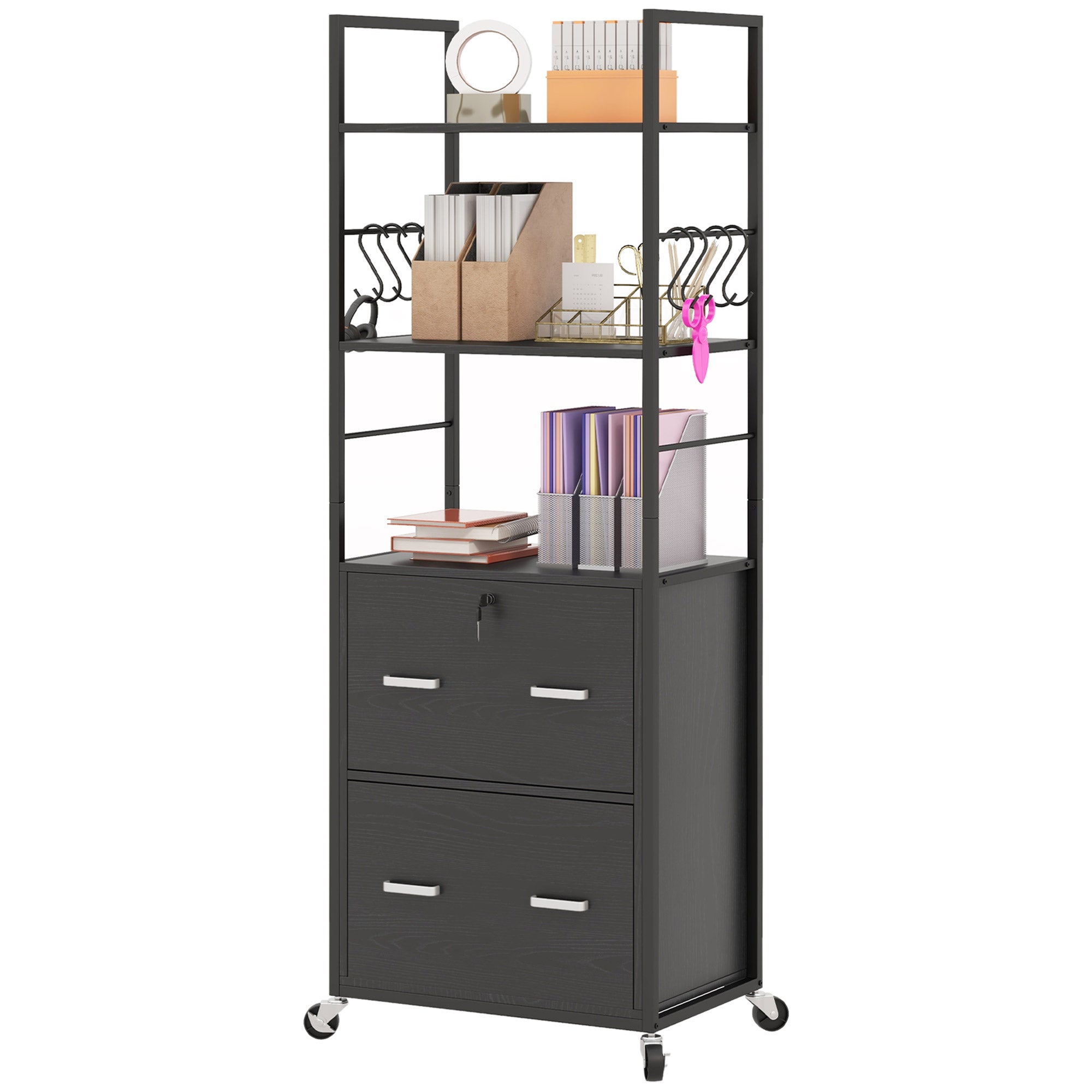 Vinsetto Vertical Filing Cabinet with Keys, Lockable File Cabinet with Adjustable Hanging Bar for Letter, A4 and Legal Size, 67.7" Tall Printer Stand with Shelves and Hooks, Black