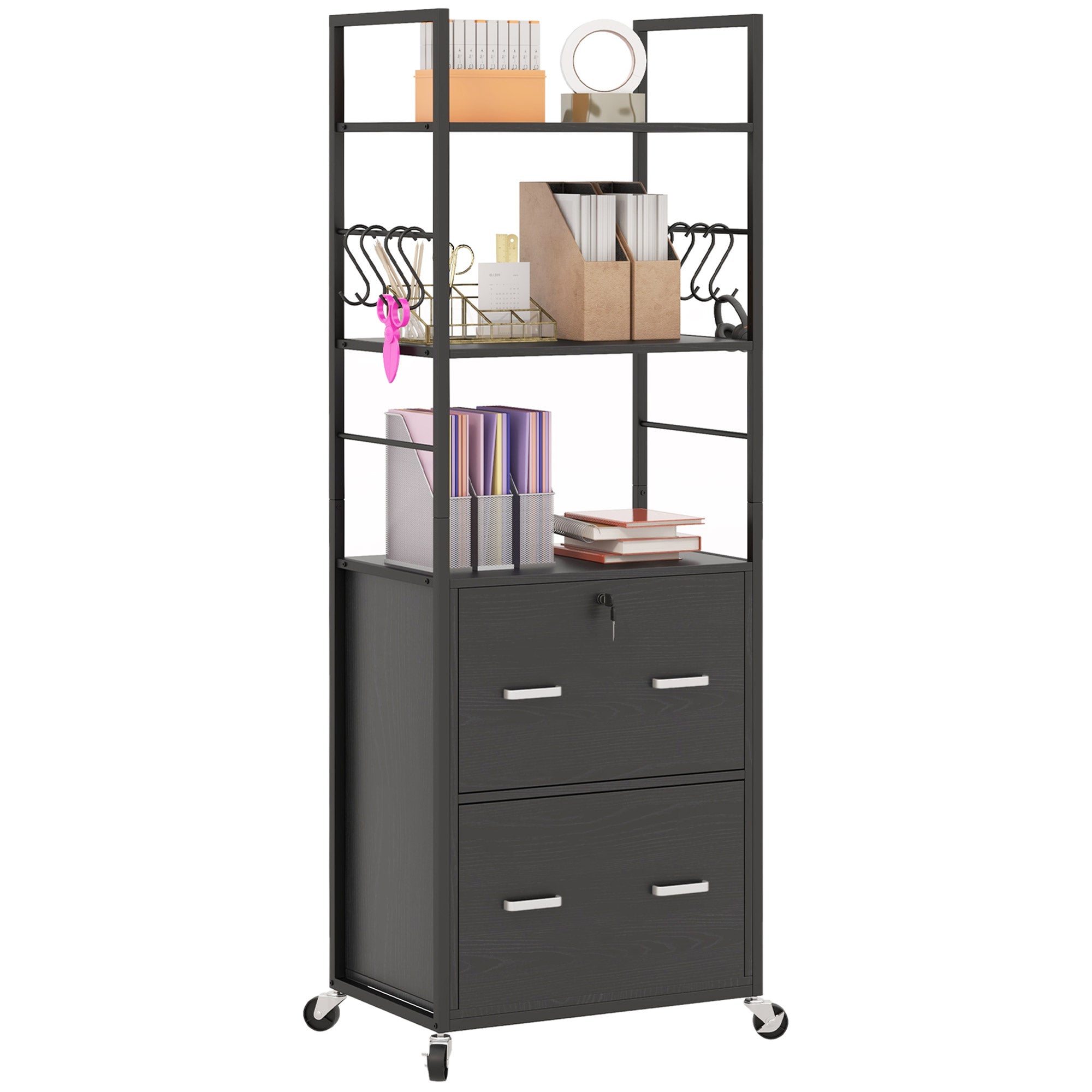 Vinsetto Vertical Filing Cabinet with Keys, Lockable File Cabinet with Adjustable Hanging Bar for Letter, A4 and Legal Size, 67.7" Tall Printer Stand with Shelves and Hooks, Black