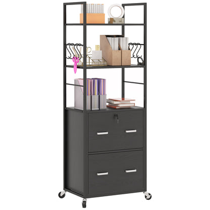 Vinsetto Vertical Filing Cabinet with Keys, Lockable File Cabinet with Adjustable Hanging Bar for Letter, A4 and Legal Size, 67.7" Tall Printer Stand with Shelves and Hooks, Black