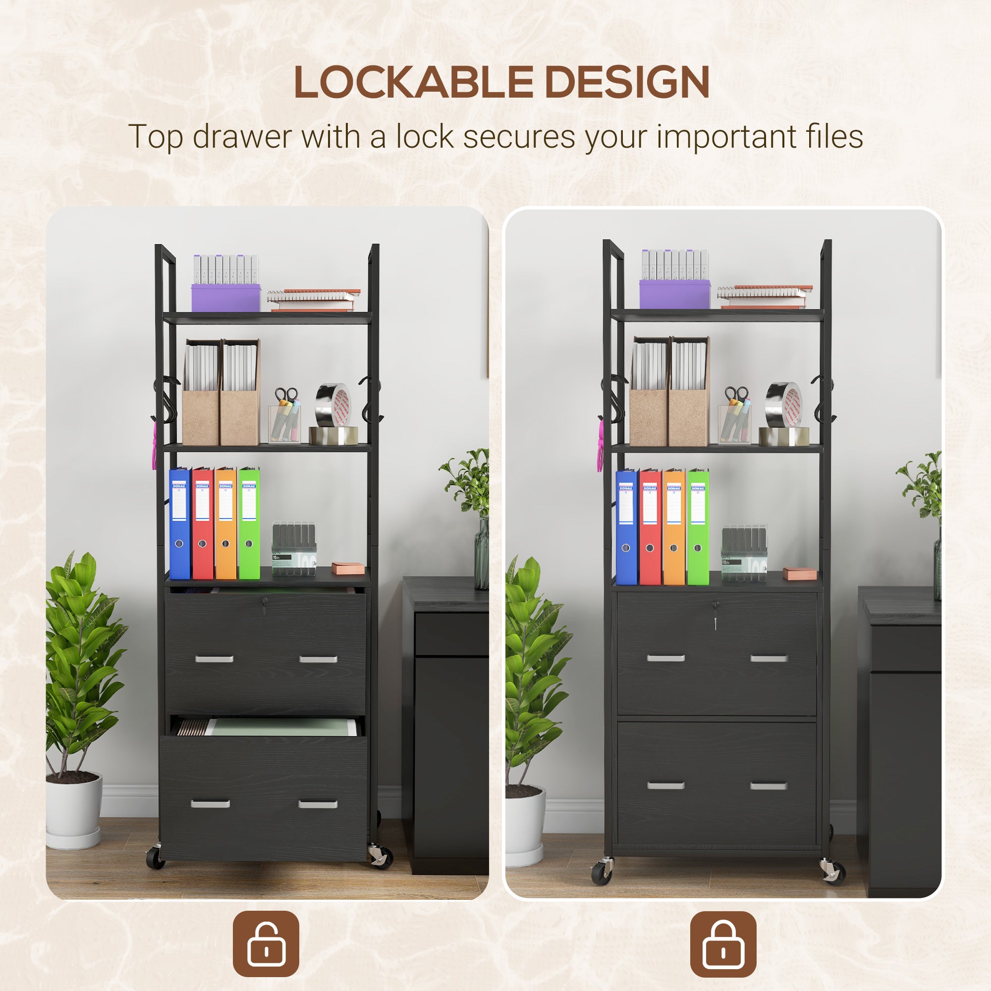 Vinsetto Vertical Filing Cabinet with Keys, Lockable File Cabinet with Adjustable Hanging Bar for Letter, A4 and Legal Size, 67.7" Tall Printer Stand with Shelves and Hooks, Black