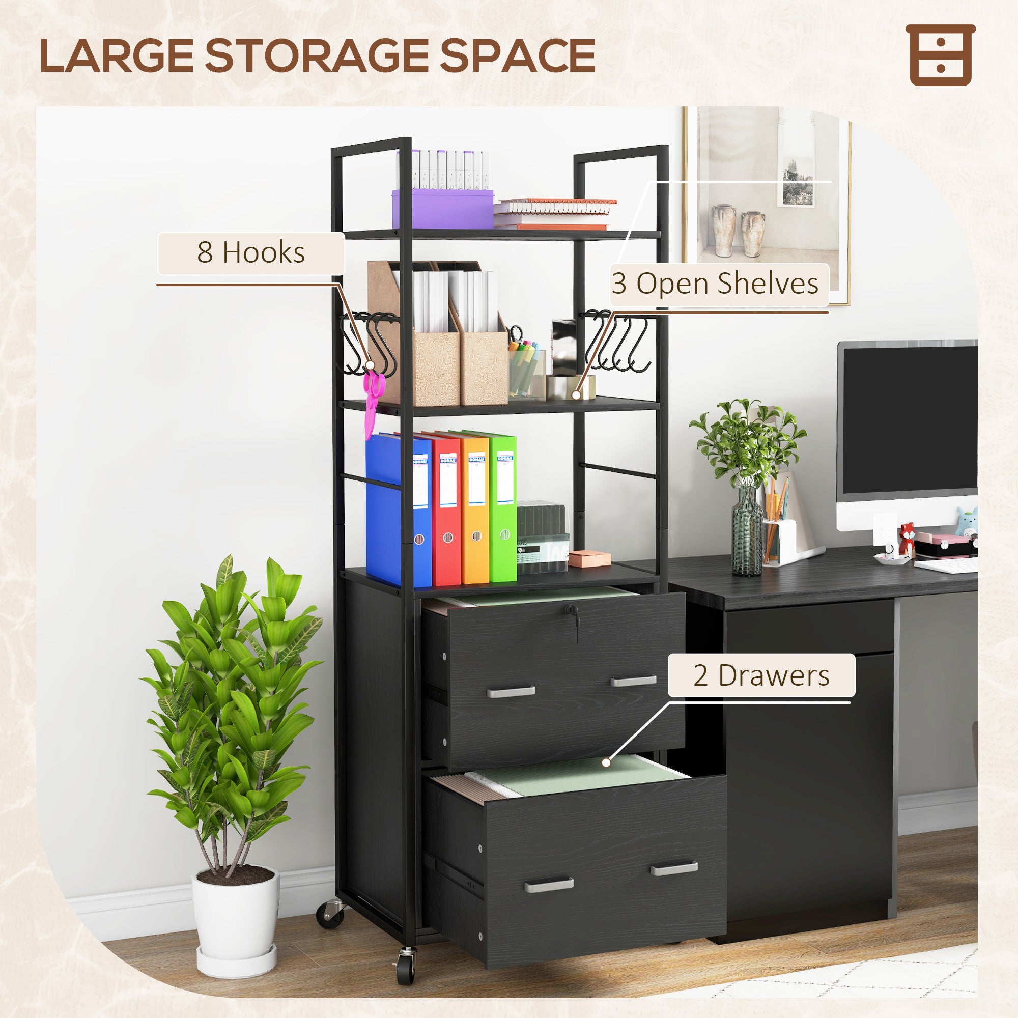 Vinsetto Vertical Filing Cabinet with Keys, Lockable File Cabinet with Adjustable Hanging Bar for Letter, A4 and Legal Size, 67.7" Tall Printer Stand with Shelves and Hooks, Black