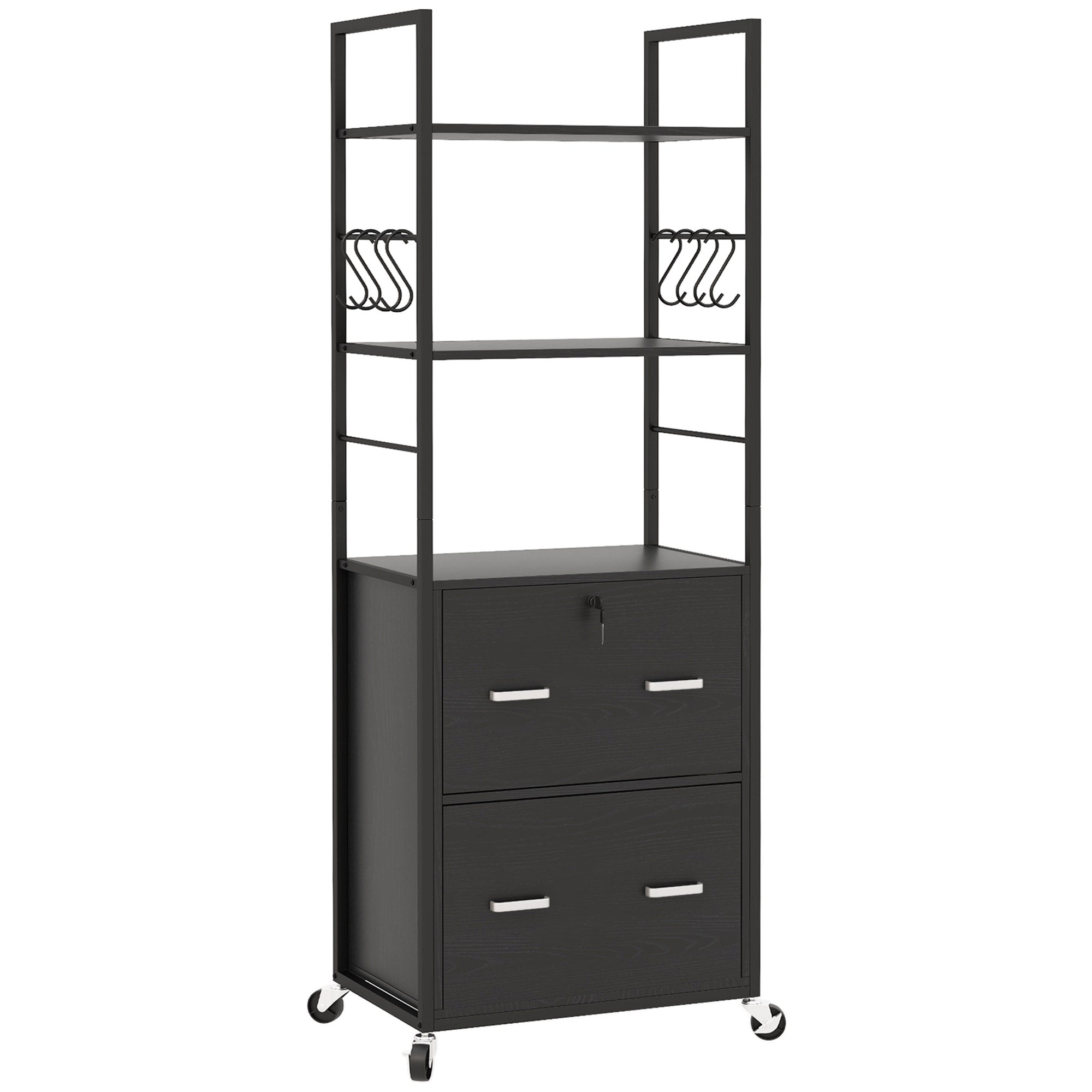 Vinsetto Vertical Filing Cabinet with Keys, Lockable File Cabinet with Adjustable Hanging Bar for Letter, A4 and Legal Size, 67.7" Tall Printer Stand with Shelves and Hooks, Black