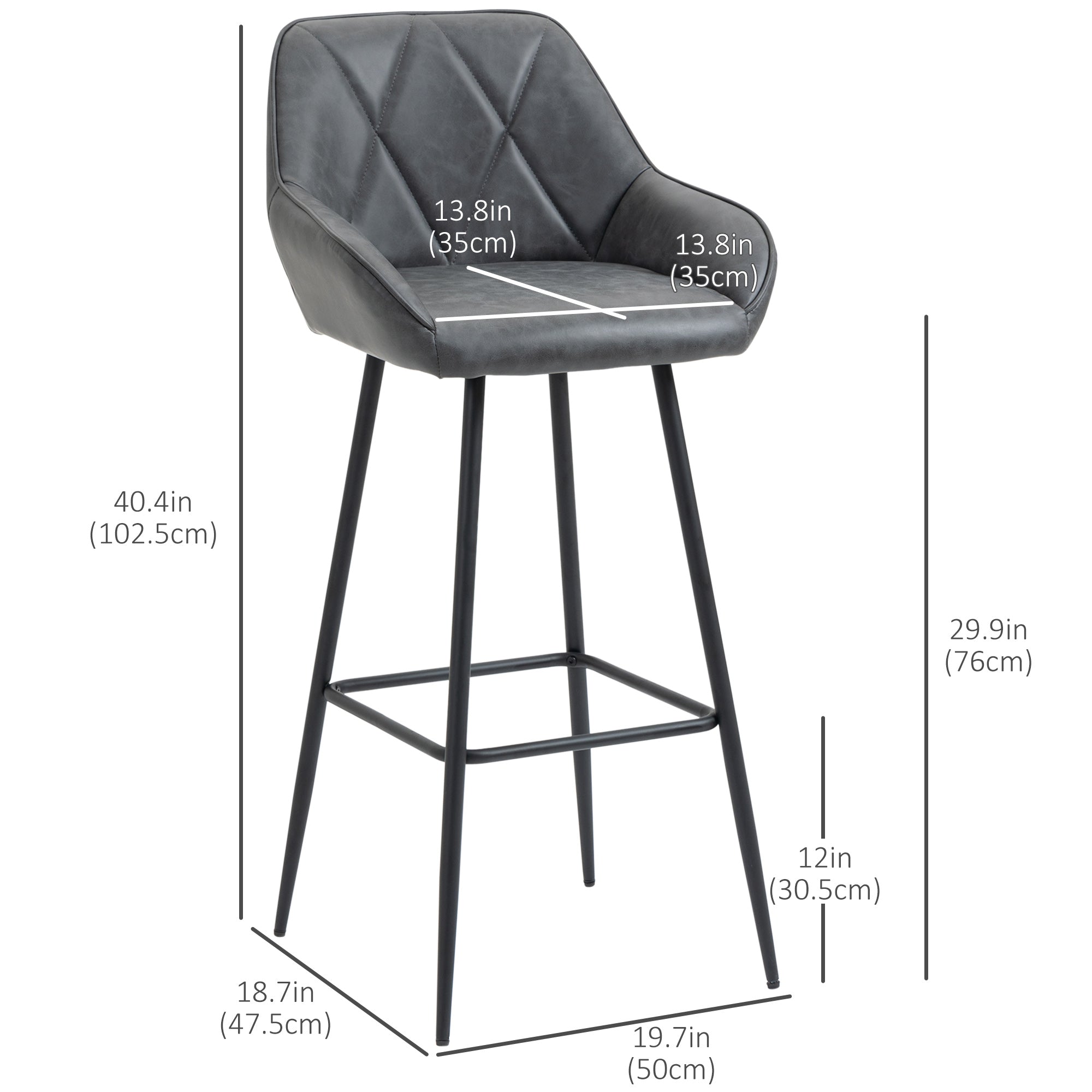 HOMCOM Retro Bar Stools Set of 2, Bar Chairs with Footrest, 30" (76 cm.) Kitchen Stools with Backs and Steel Legs, for Kitchen Island and Home Bar, Grey