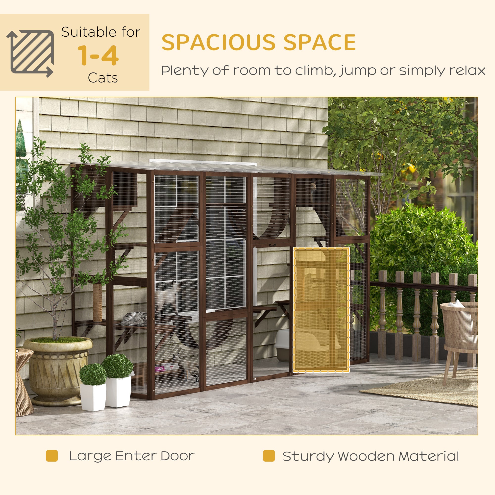 PawHut Catio Playground Cat Window Box Outside Enclosure, Outdoor Cat House with Weather Protection Roof for Multiple Kitties, Wooden Frame, Shelves & Bridges, 118" x 37.5" x 74", Coffee Brown
