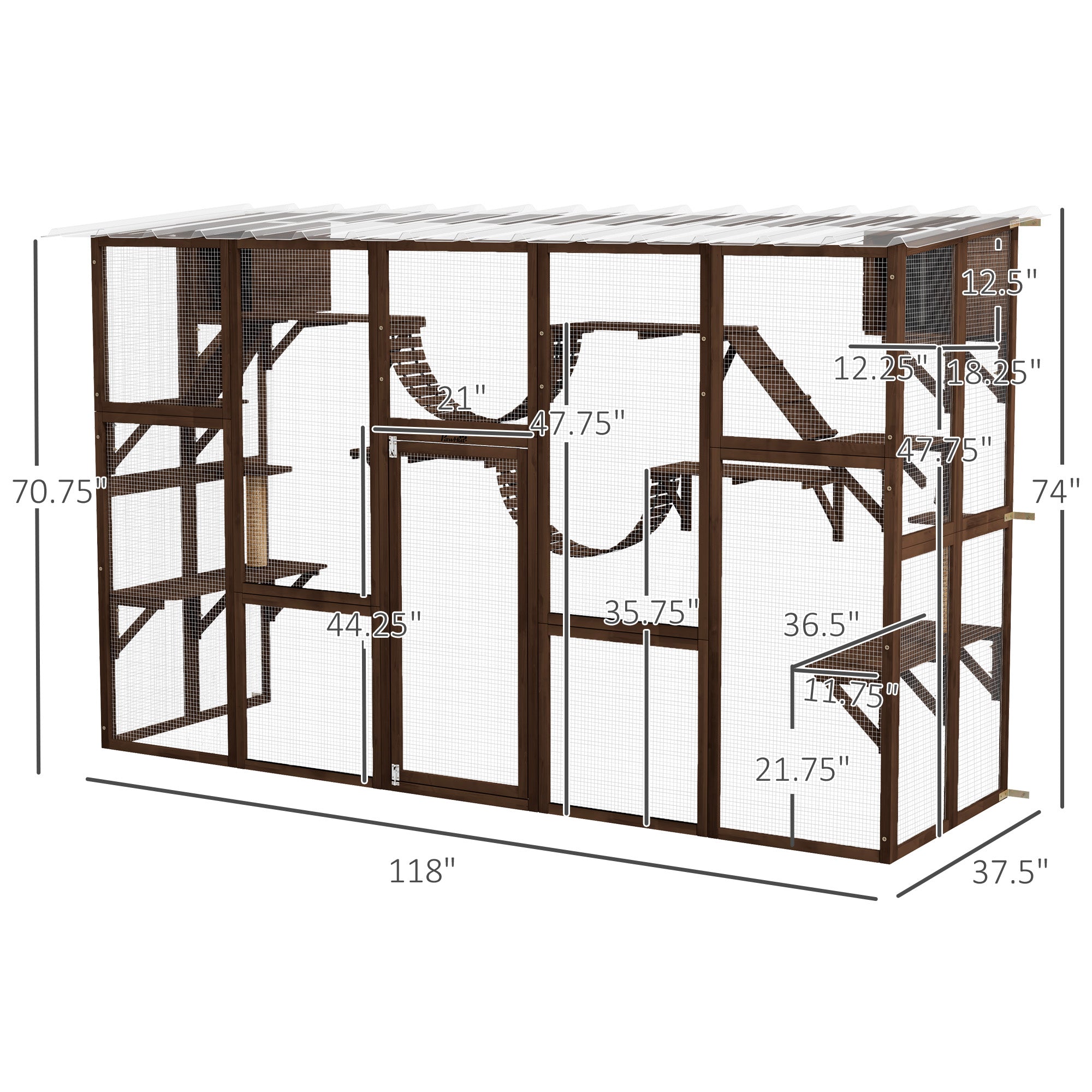 PawHut Catio Playground Cat Window Box Outside Enclosure, Outdoor Cat House with Weather Protection Roof for Multiple Kitties, Wooden Frame, Shelves & Bridges, 118" x 37.5" x 74", Coffee Brown