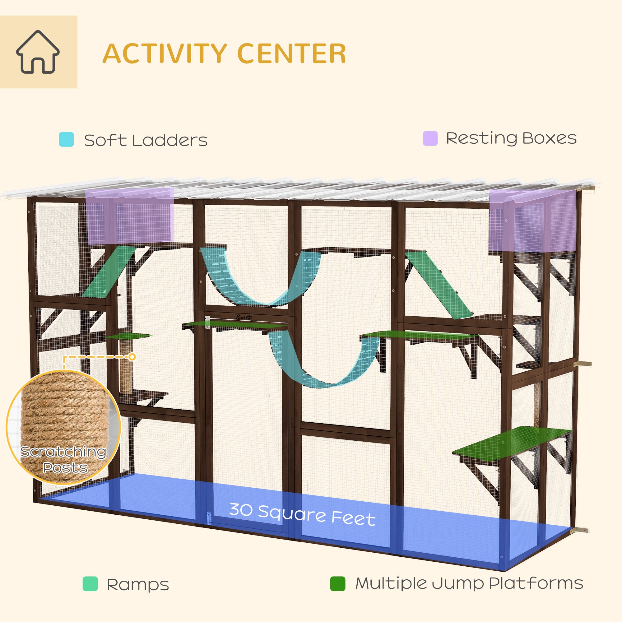 PawHut Catio Playground Cat Window Box Outside Enclosure, Outdoor Cat House with Weather Protection Roof for Multiple Kitties, Wooden Frame, Shelves & Bridges, 118" x 37.5" x 74", Coffee Brown