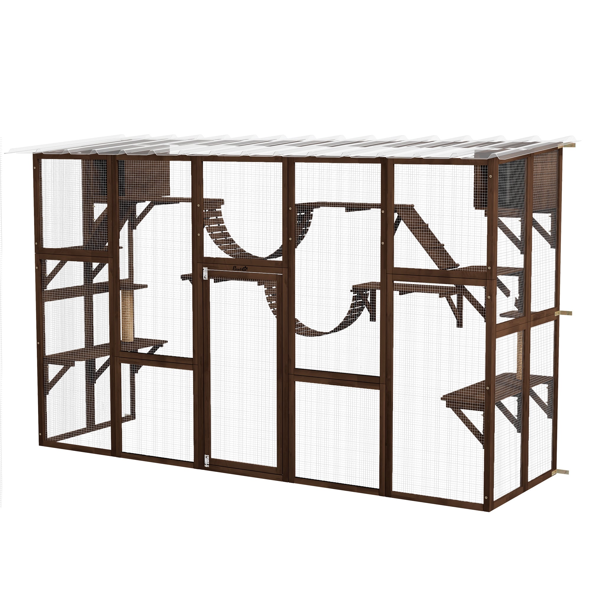 PawHut Catio Playground Cat Window Box Outside Enclosure, Outdoor Cat House with Weather Protection Roof for Multiple Kitties, Wooden Frame, Shelves & Bridges, 118" x 37.5" x 74", Coffee Brown