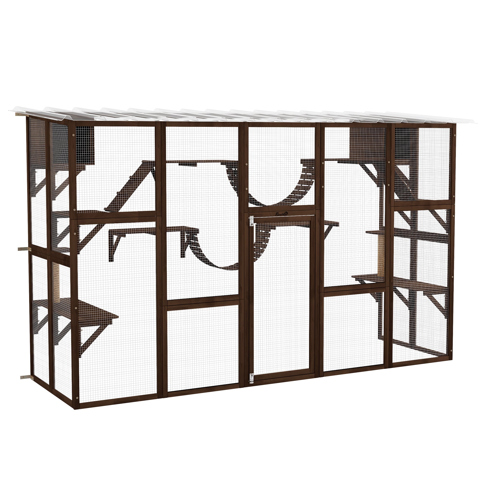 PawHut Catio Playground Cat Window Box Outside Enclosure, Outdoor Cat House with Weather Protection Roof for Multiple Kitties, Wooden Frame, Shelves & Bridges, 118" x 37.5" x 74", Coffee Brown