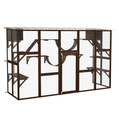 PawHut Catio Playground Cat Window Box Outside Enclosure, Outdoor Cat House with Weather Protection Roof for Multiple Kitties, Wooden Frame, Shelves & Bridges, 118" x 37.5" x 74", Coffee Brown