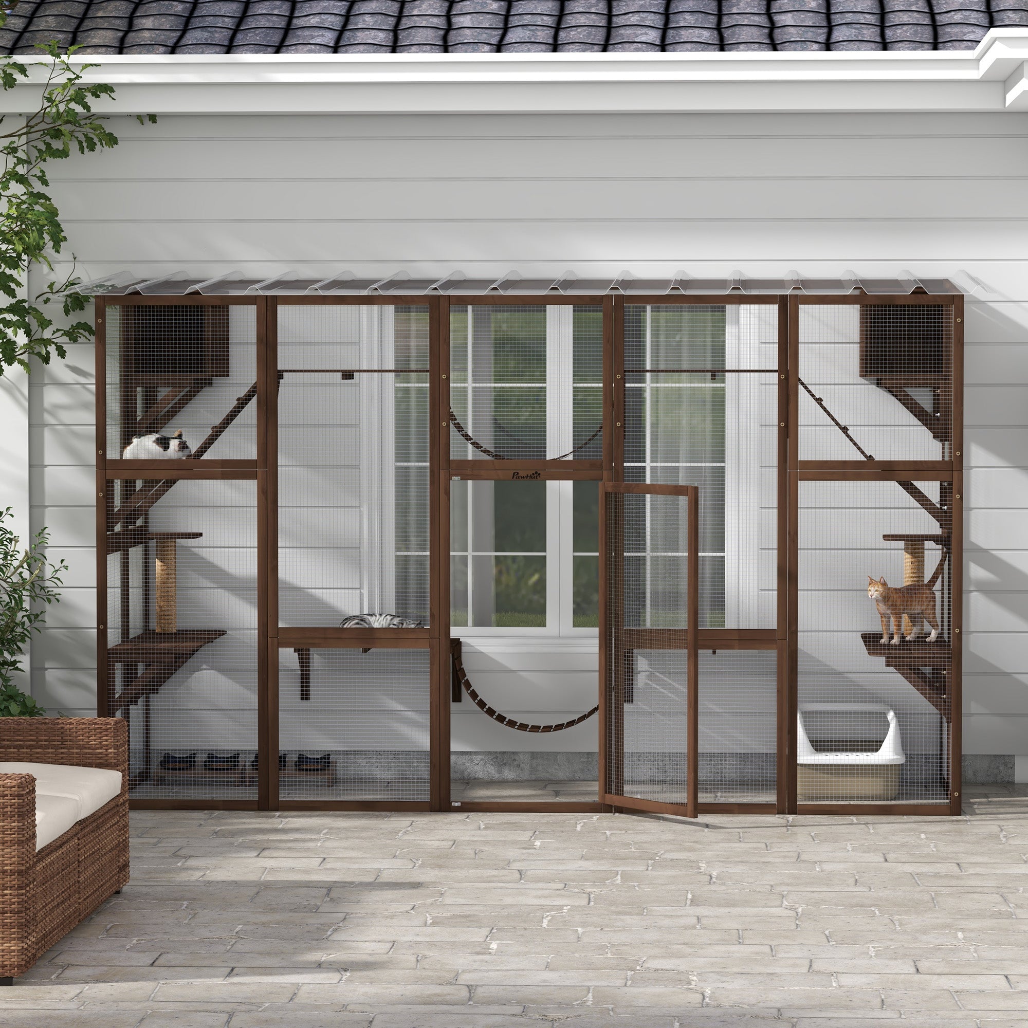 PawHut Catio Playground Cat Window Box Outside Enclosure, Outdoor Cat House with Weather Protection Roof for Multiple Kitties, Wooden Frame, Shelves & Bridges, 118" x 37.5" x 74", Coffee Brown