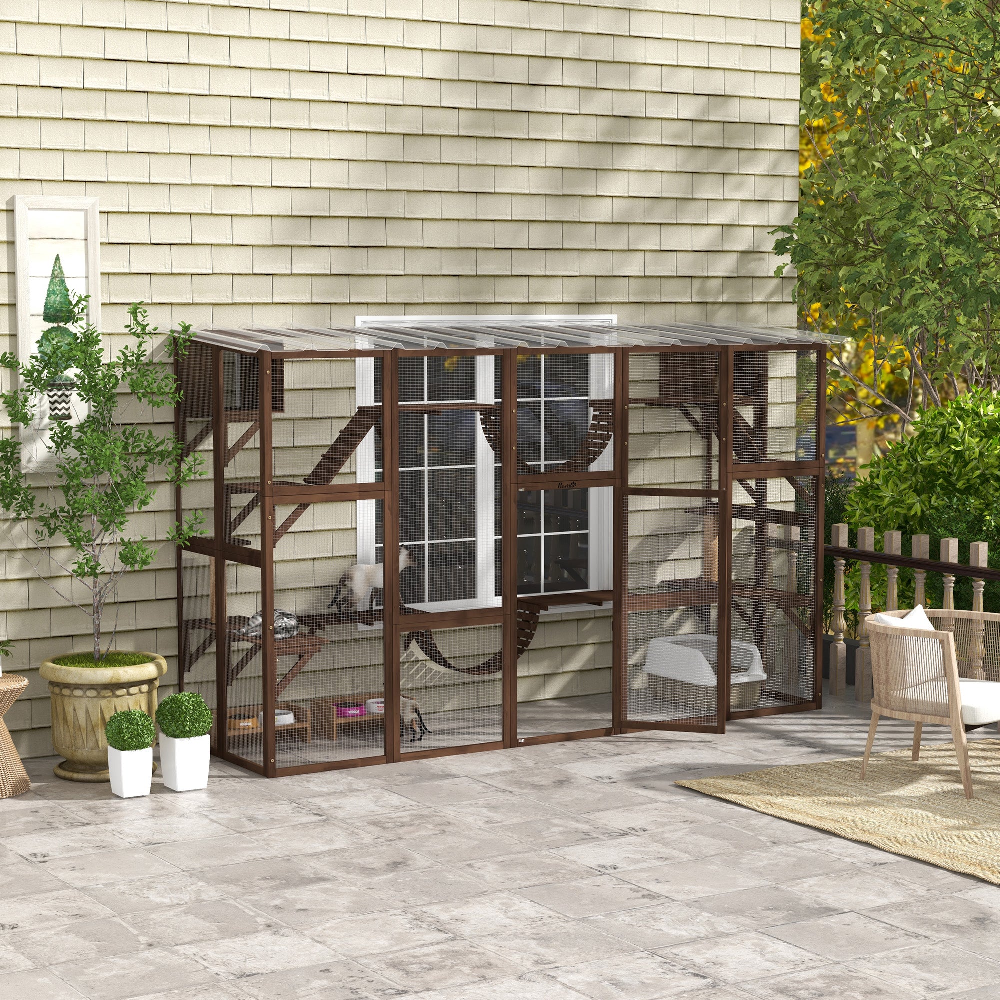 PawHut Catio Playground Cat Window Box Outside Enclosure, Outdoor Cat House with Weather Protection Roof for Multiple Kitties, Wooden Frame, Shelves & Bridges, 118" x 37.5" x 74", Coffee Brown