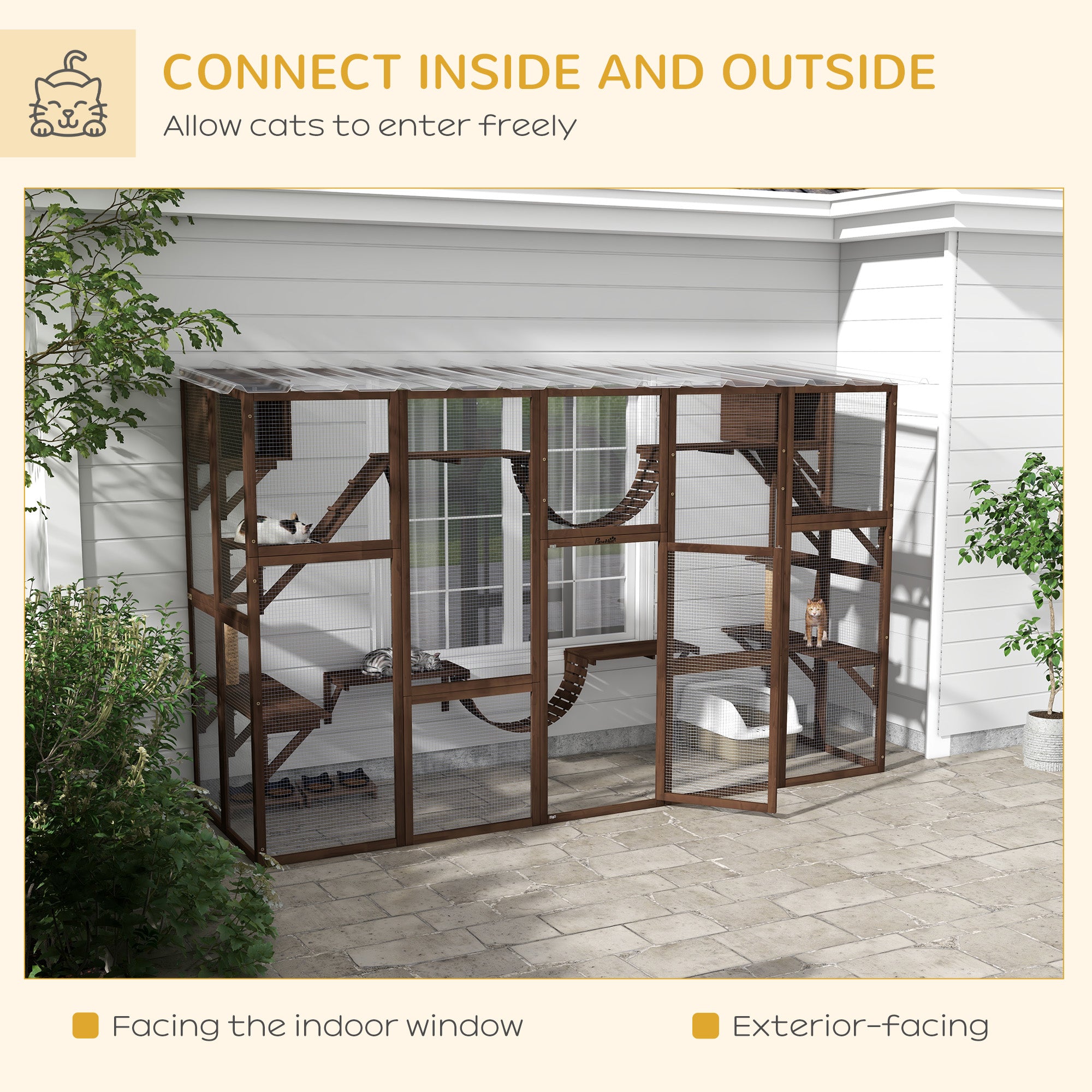 PawHut Catio Playground Cat Window Box Outside Enclosure, Outdoor Cat House with Weather Protection Roof for Multiple Kitties, Wooden Frame, Shelves & Bridges, 118" x 37.5" x 74", Coffee Brown