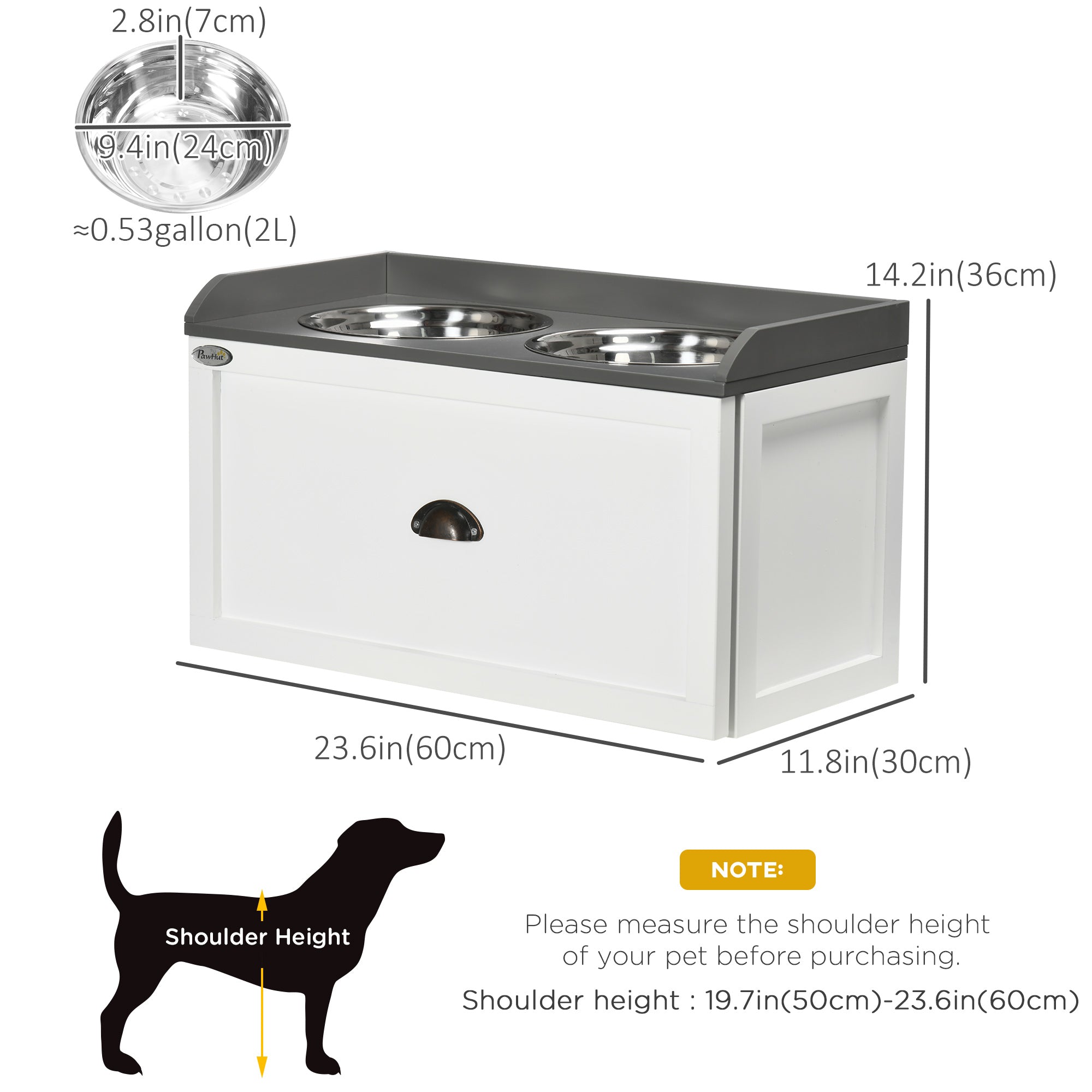 PawHut Elevated Dog Bowls for Large Dogs, Raised Pet Feeding Station with 2 Stainless Steel Bowls, Hidden Storage Drawer, Wood Stand for Cats, White
