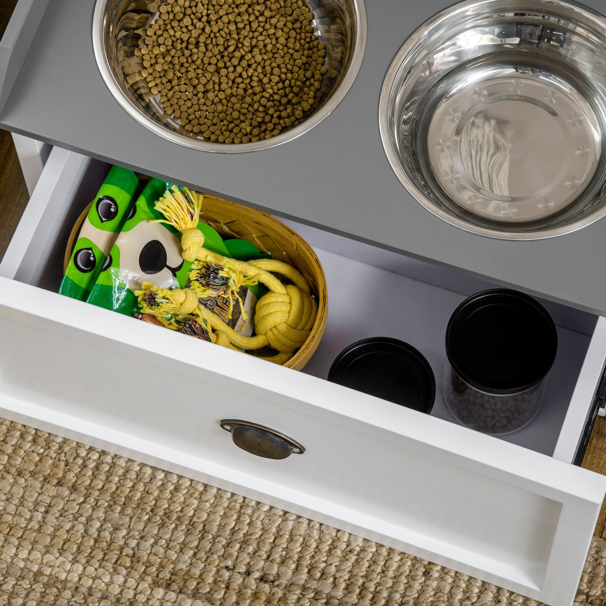 PawHut Elevated Dog Bowls for Large Dogs, Raised Pet Feeding Station with 2 Stainless Steel Bowls, Hidden Storage Drawer, Wood Stand for Cats, White