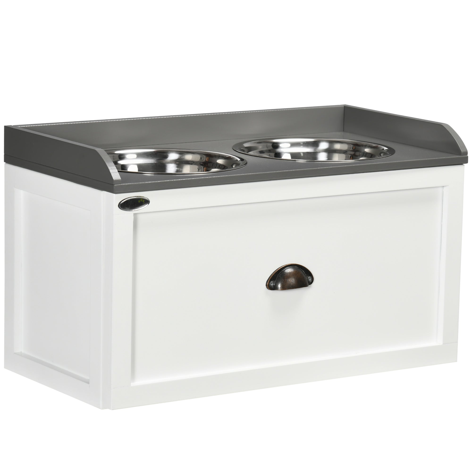 PawHut Elevated Dog Bowls for Large Dogs, Raised Pet Feeding Station with 2 Stainless Steel Bowls, Hidden Storage Drawer, Wood Stand for Cats, White