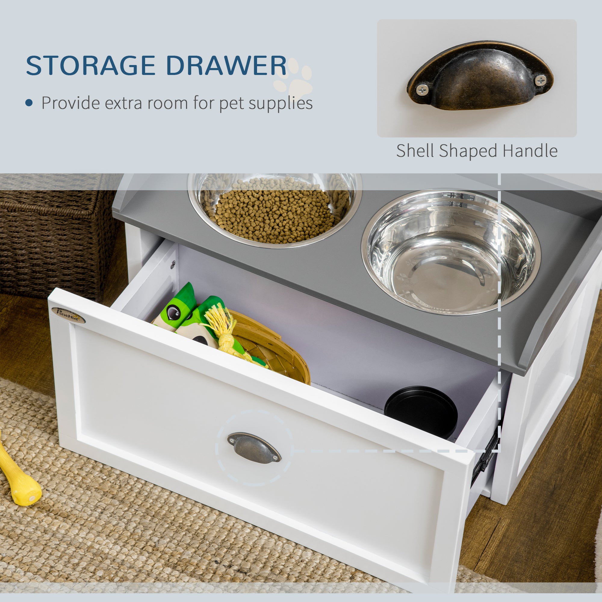 PawHut Elevated Dog Bowls for Large Dogs, Raised Pet Feeding Station with 2 Stainless Steel Bowls, Hidden Storage Drawer, Wood Stand for Cats, White
