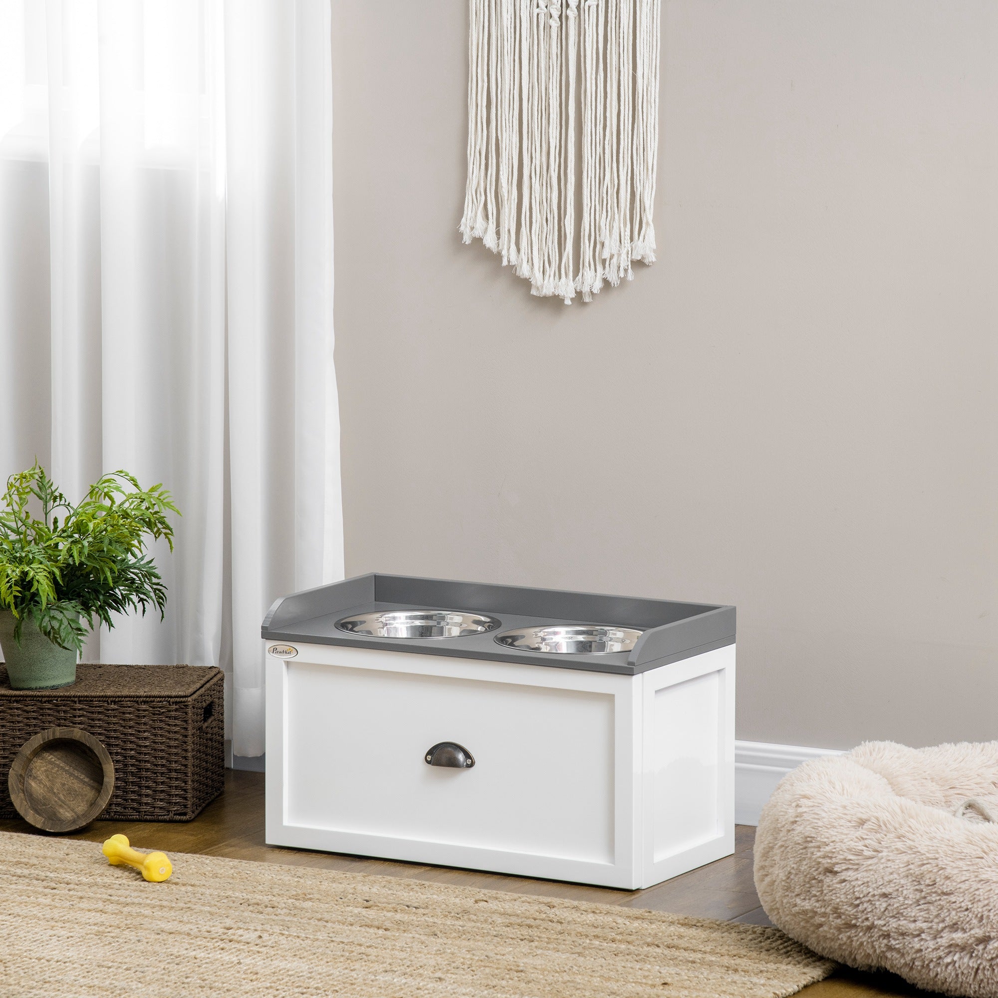 PawHut Elevated Dog Bowls for Large Dogs, Raised Pet Feeding Station with 2 Stainless Steel Bowls, Hidden Storage Drawer, Wood Stand for Cats, White
