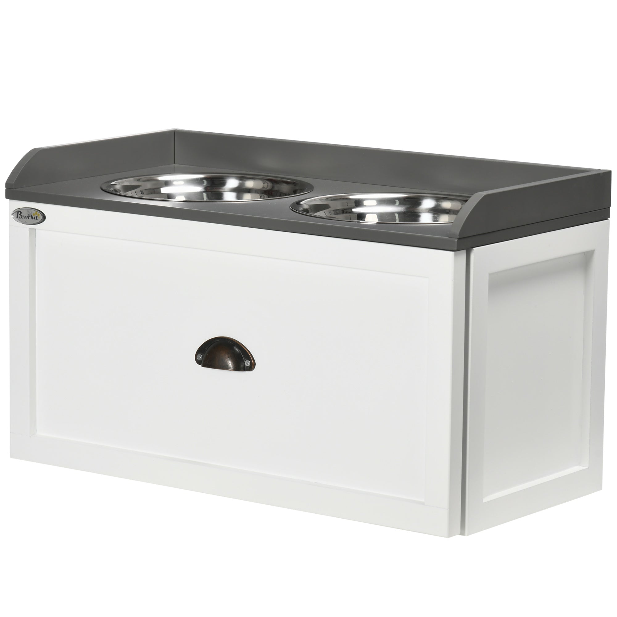 PawHut Elevated Dog Bowls for Large Dogs, Raised Pet Feeding Station with 2 Stainless Steel Bowls, Hidden Storage Drawer, Wood Stand for Cats, White