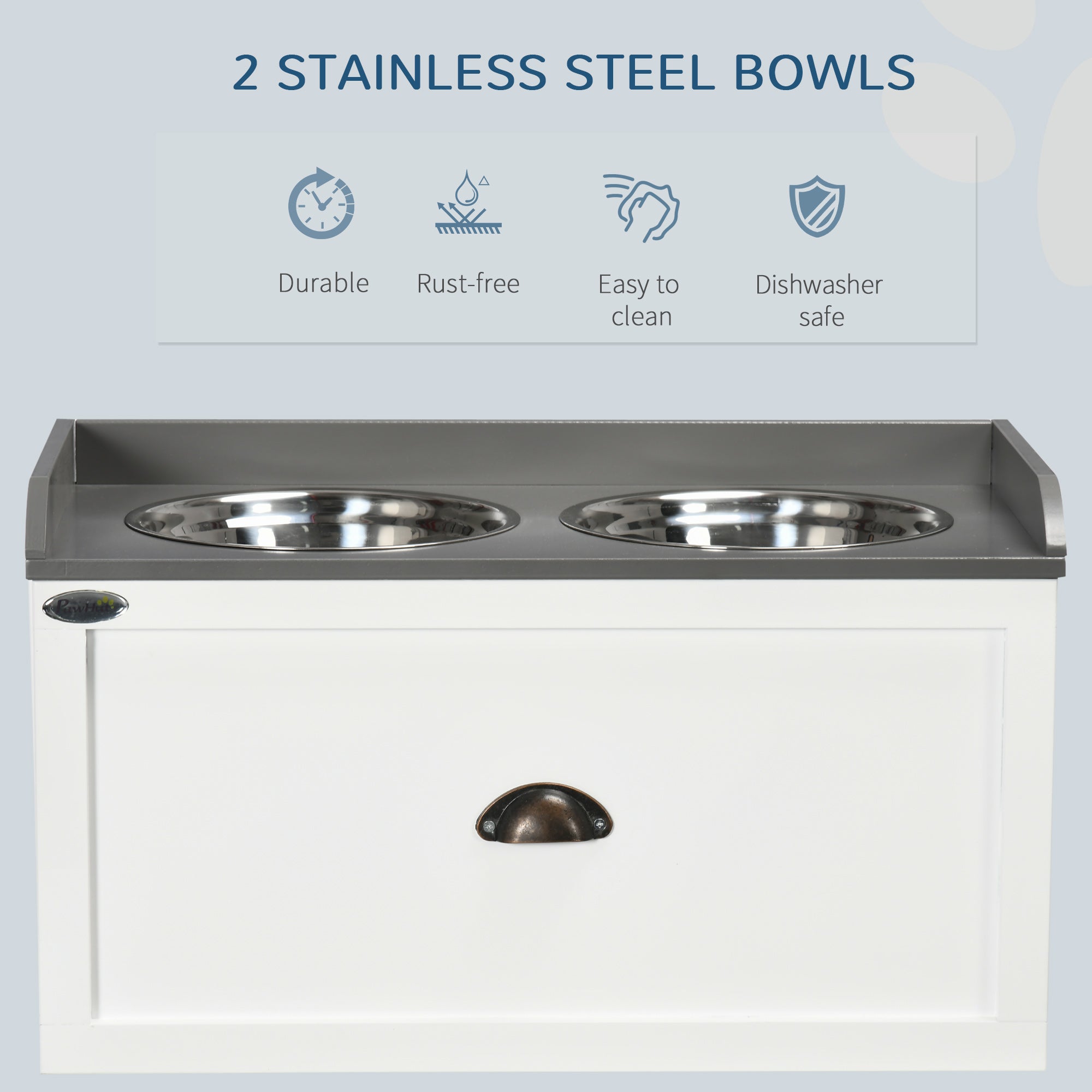 PawHut Elevated Dog Bowls for Large Dogs, Raised Pet Feeding Station with 2 Stainless Steel Bowls, Hidden Storage Drawer, Wood Stand for Cats, White