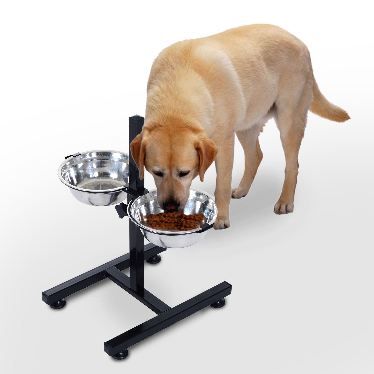 PawHut Adjustable Elevated Dog Bowls, Stainless Steel Dog Double Bowls with H-Base Raised Bowl Stand for Dogs Cats, 24"H