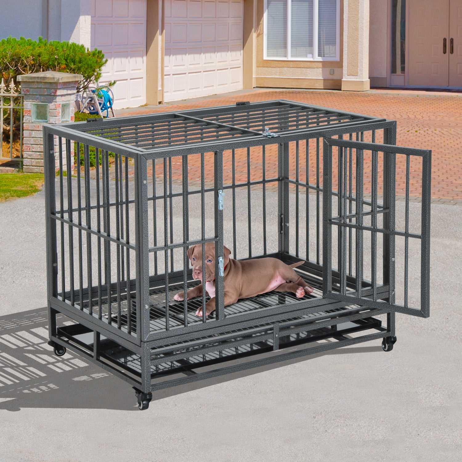 PawHut 36" Heavy Duty Dog Crate Metal Cage Kennel with Lockable Wheels, Double Door and Removable Tray, Gray
