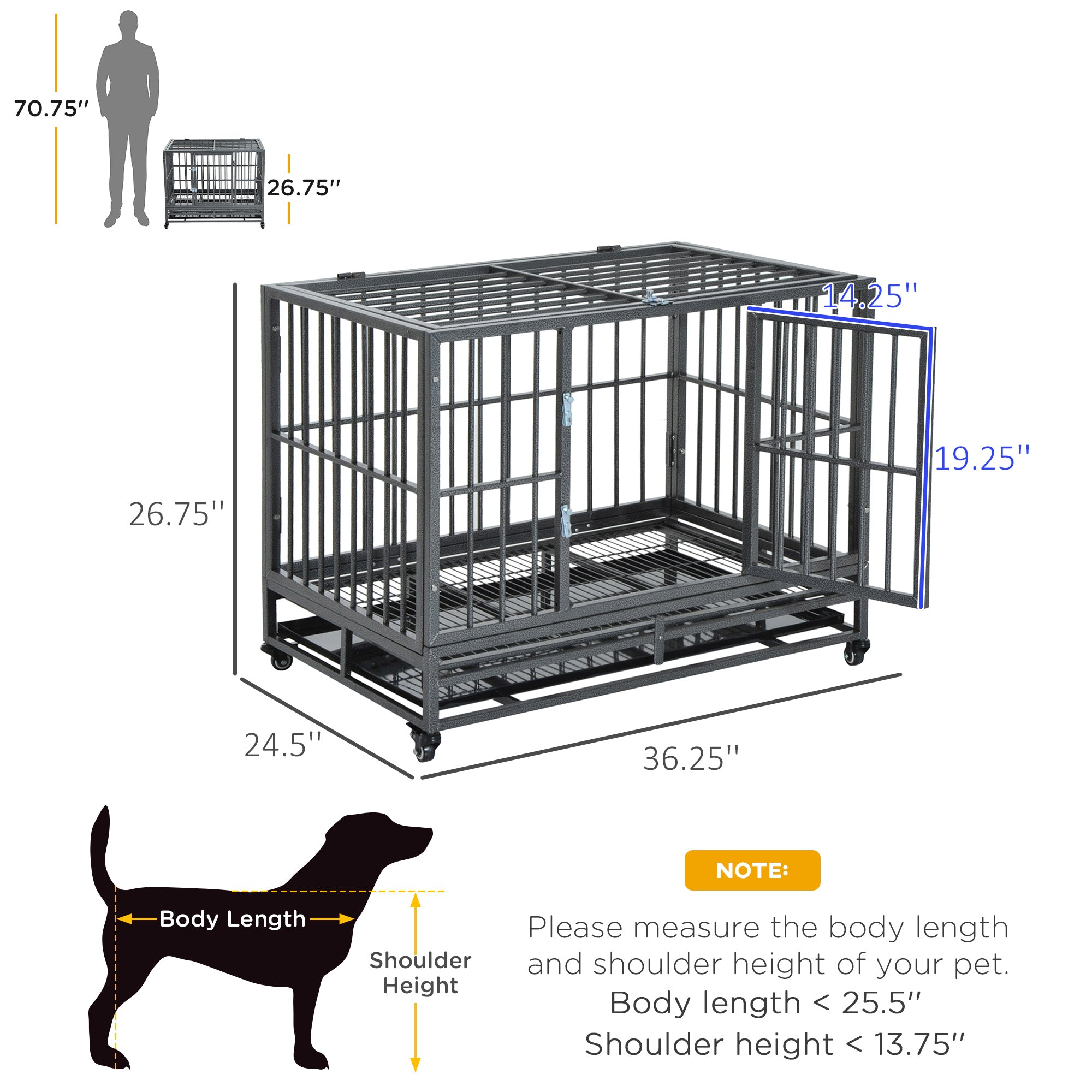 PawHut 36" Heavy Duty Dog Crate Metal Cage Kennel with Lockable Wheels, Double Door and Removable Tray, Gray