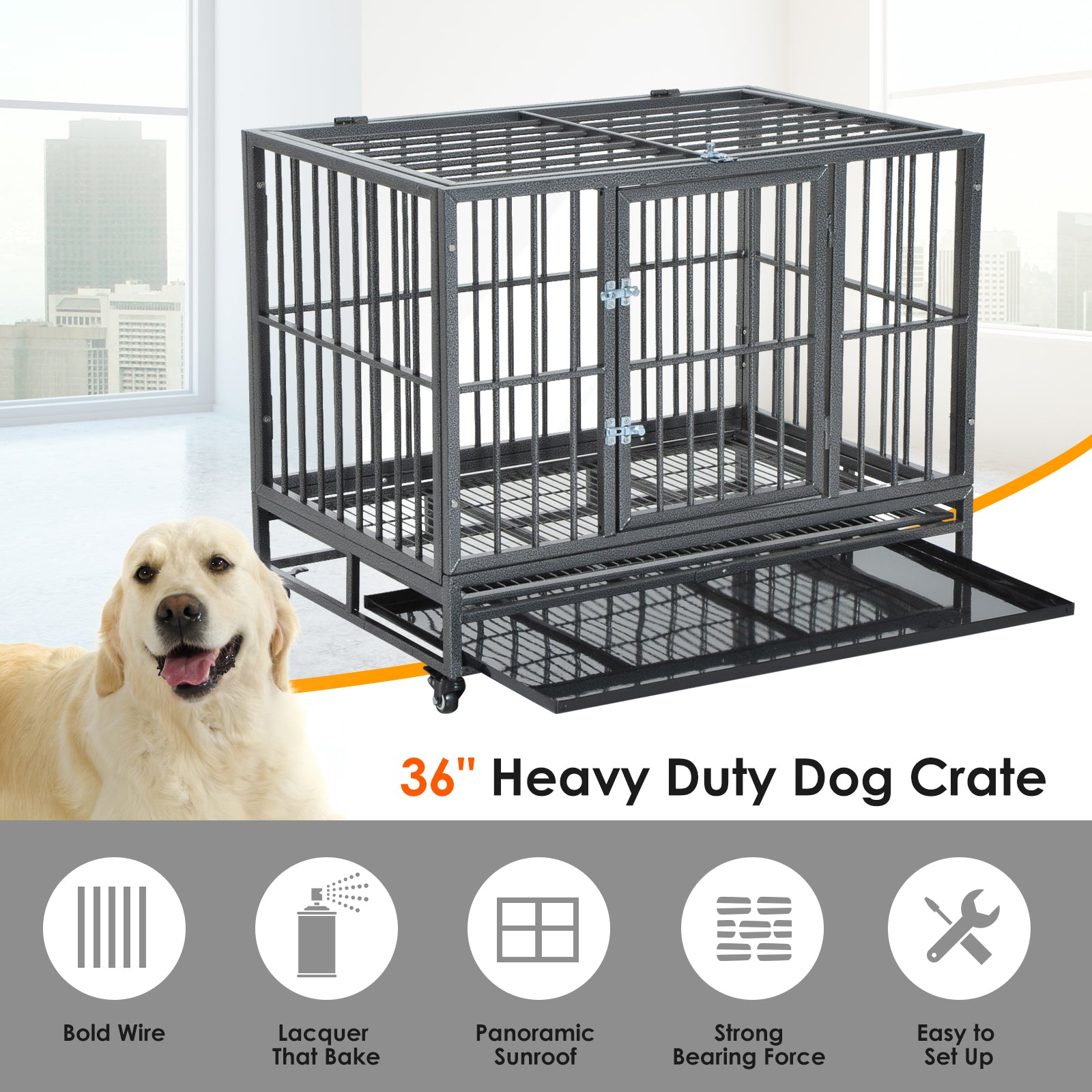 PawHut 36" Heavy Duty Dog Crate Metal Cage Kennel with Lockable Wheels, Double Door and Removable Tray, Gray