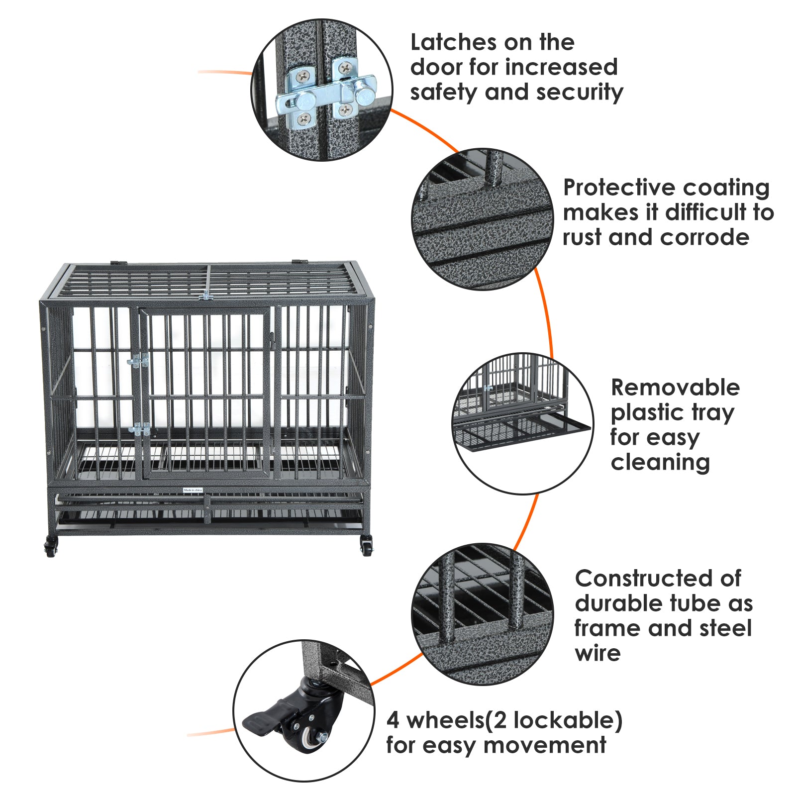 PawHut 36" Heavy Duty Dog Crate Metal Cage Kennel with Lockable Wheels, Double Door and Removable Tray, Gray