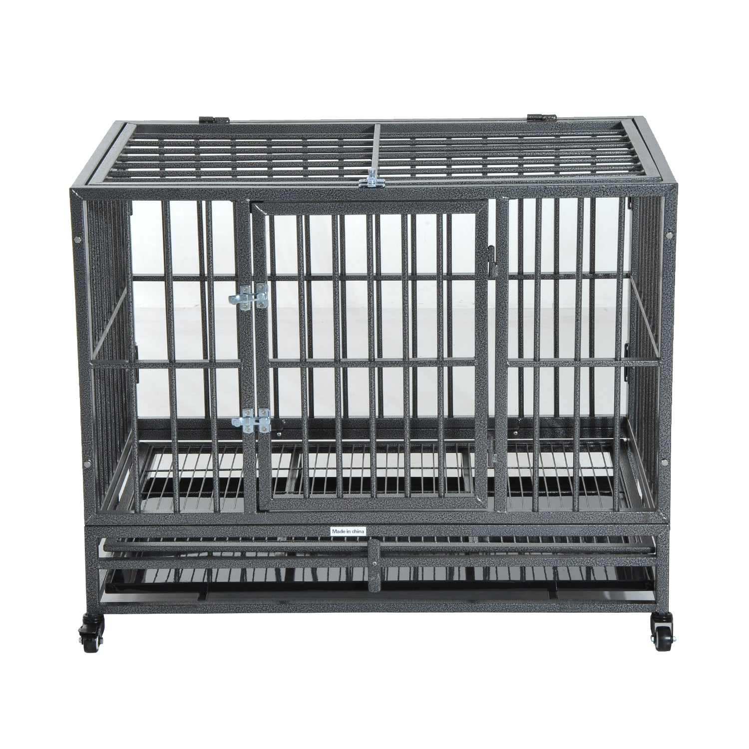 PawHut 36" Heavy Duty Dog Crate Metal Cage Kennel with Lockable Wheels, Double Door and Removable Tray, Gray