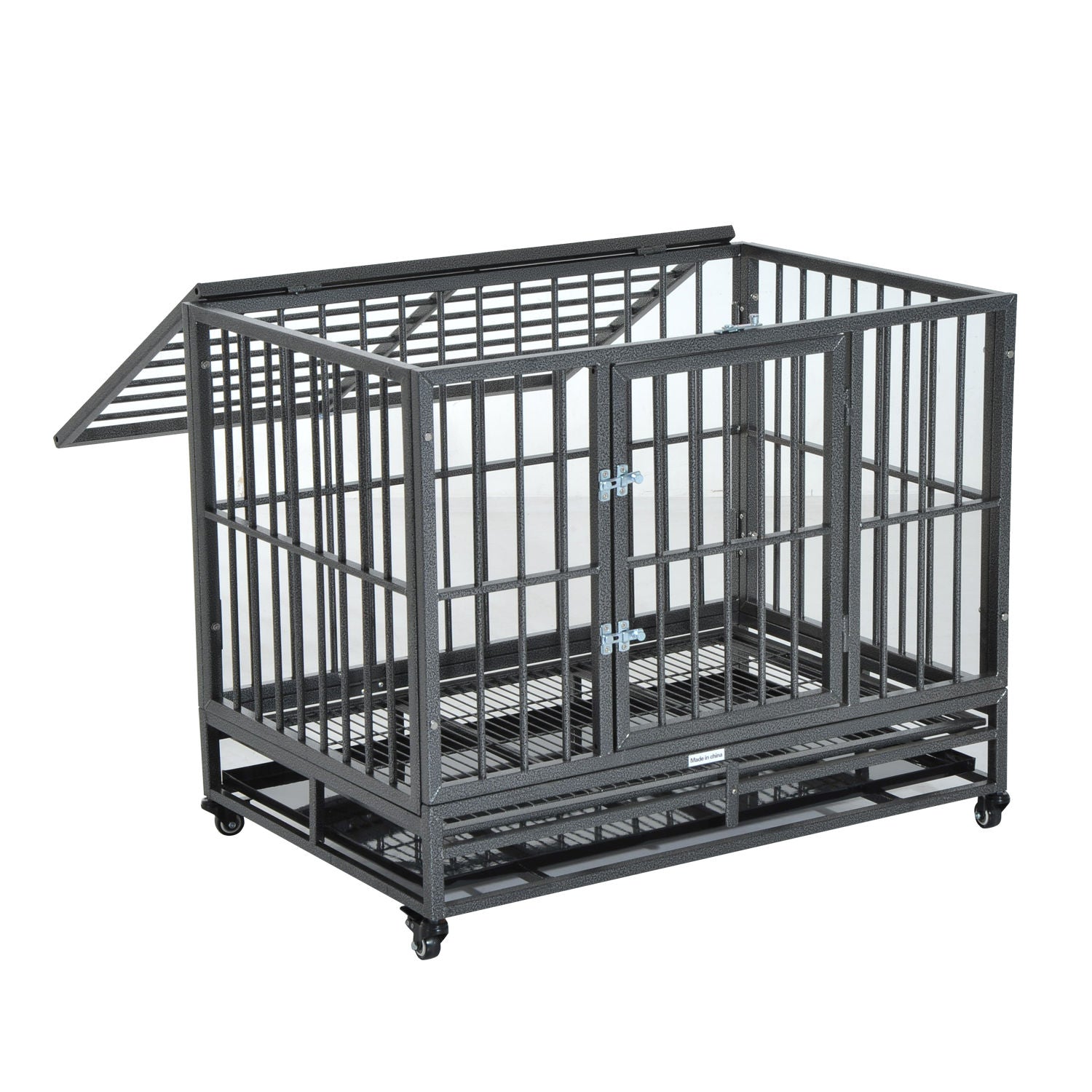 PawHut 36" Heavy Duty Dog Crate Metal Cage Kennel with Lockable Wheels, Double Door and Removable Tray, Gray