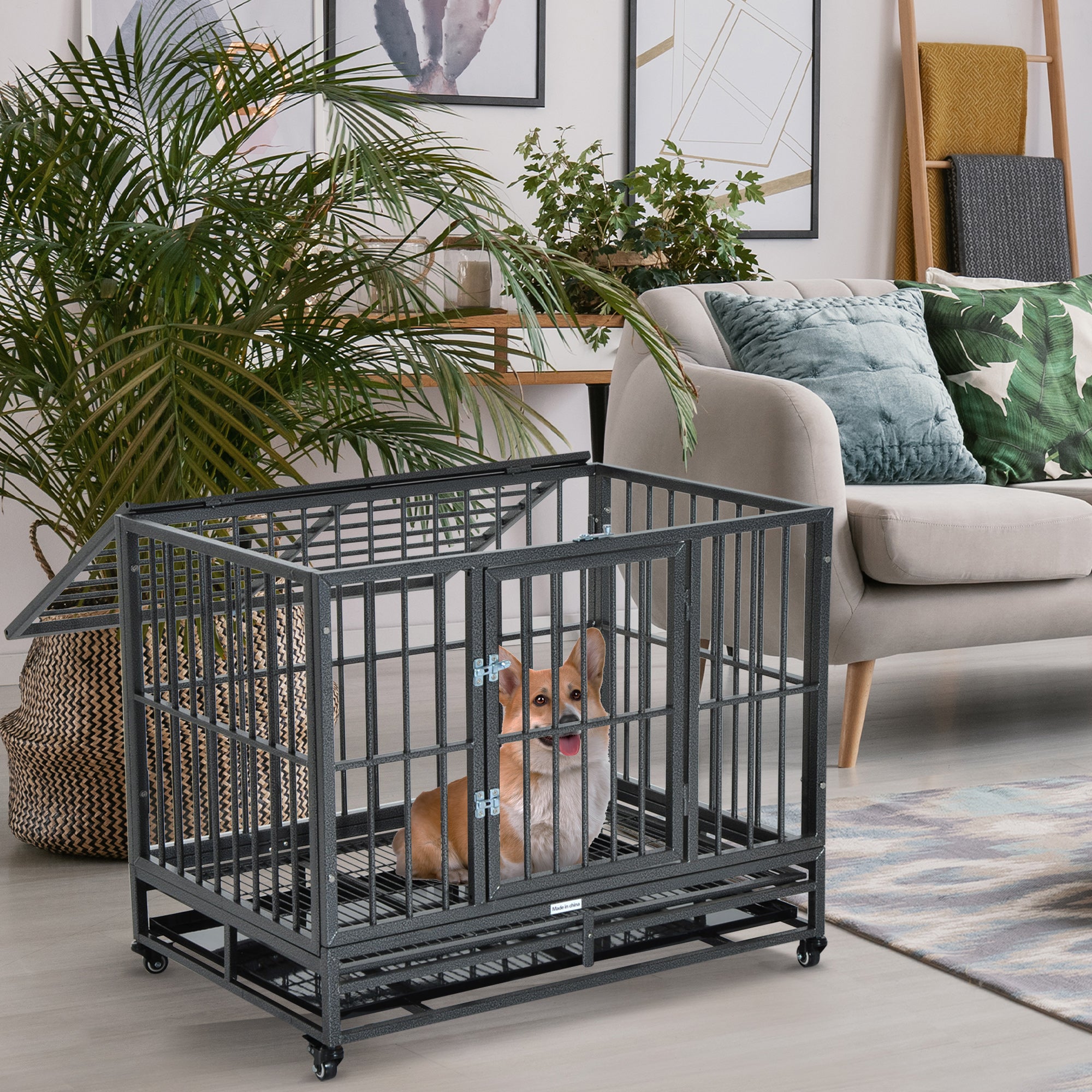 PawHut 36" Heavy Duty Dog Crate Metal Cage Kennel with Lockable Wheels, Double Door and Removable Tray, Gray